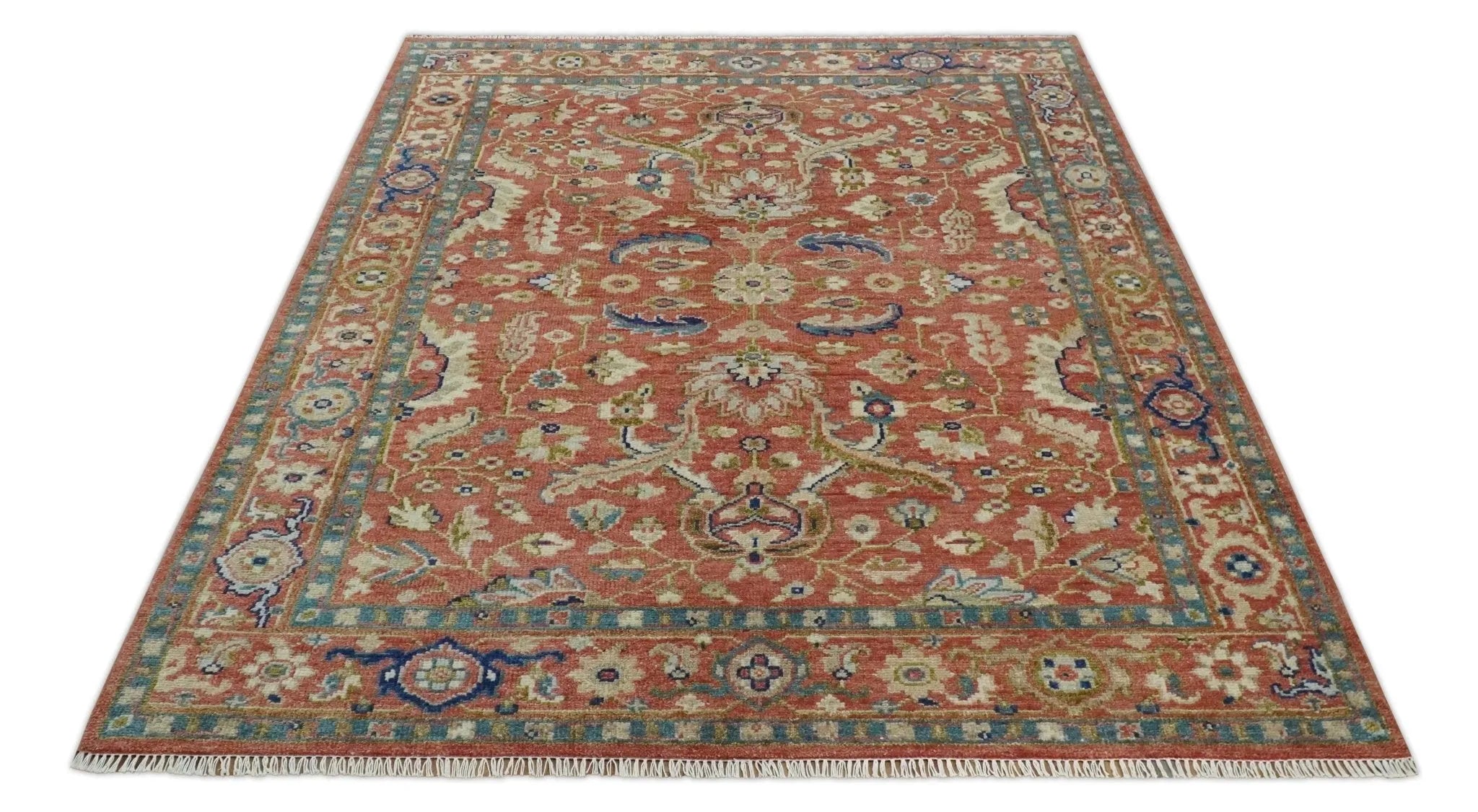 Custom Made Antique Floral Style Rust, Teal, Ivory and Olive Hand Knotted Oriental Oushak Wool Area Rug