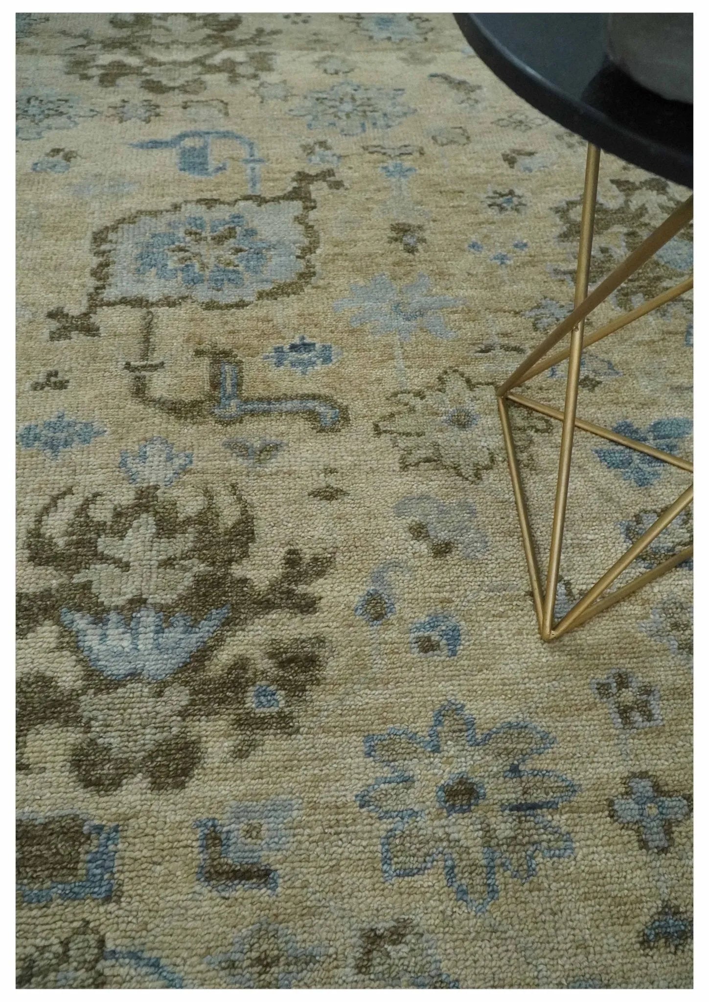 Custom Made Antique Style Beige and Blue Hand knotted Oushak wool Area Rug