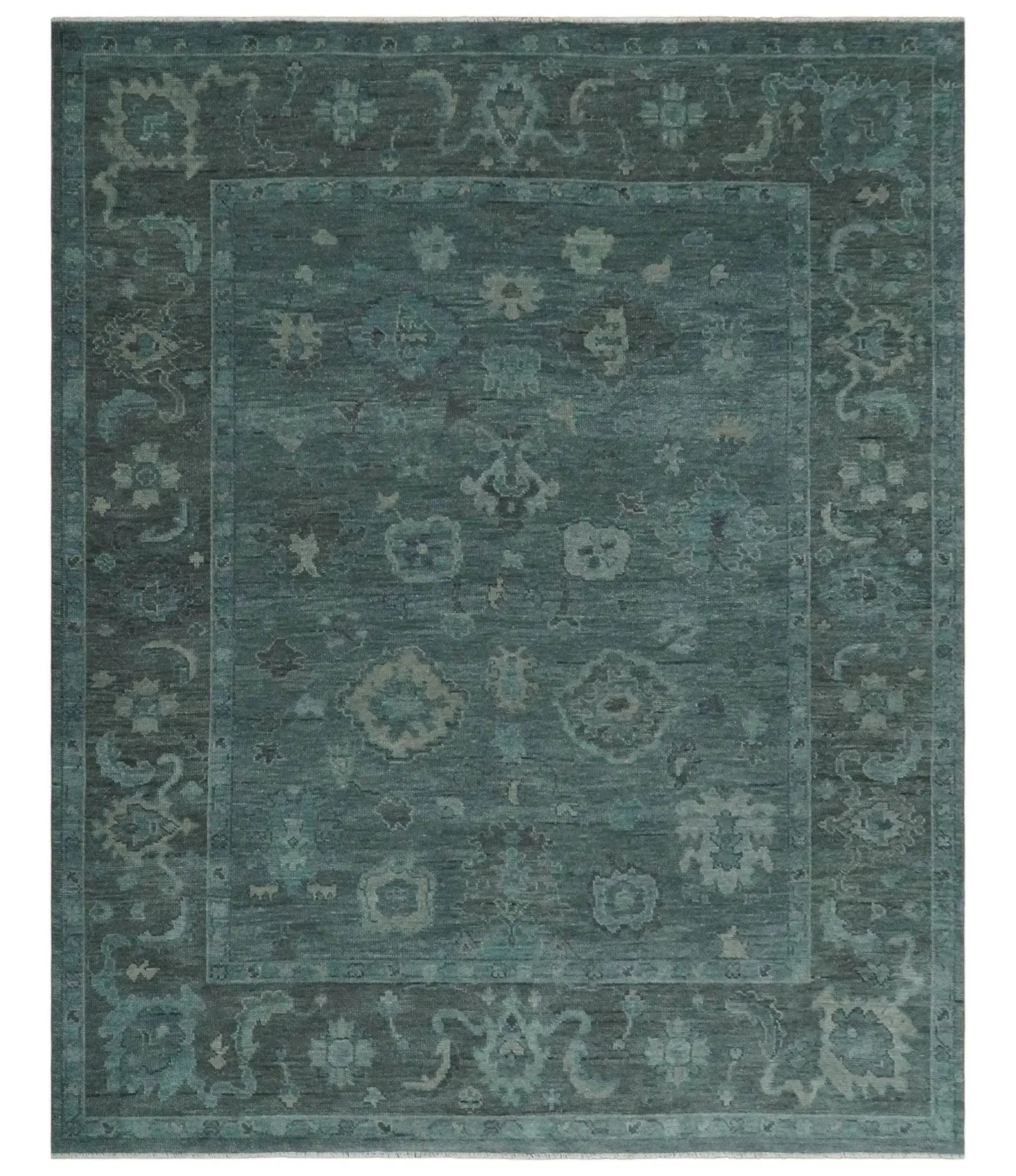 Custom Made Antique Style Blue and Charcoal Hand Knotted Oushak Wool Area Rug