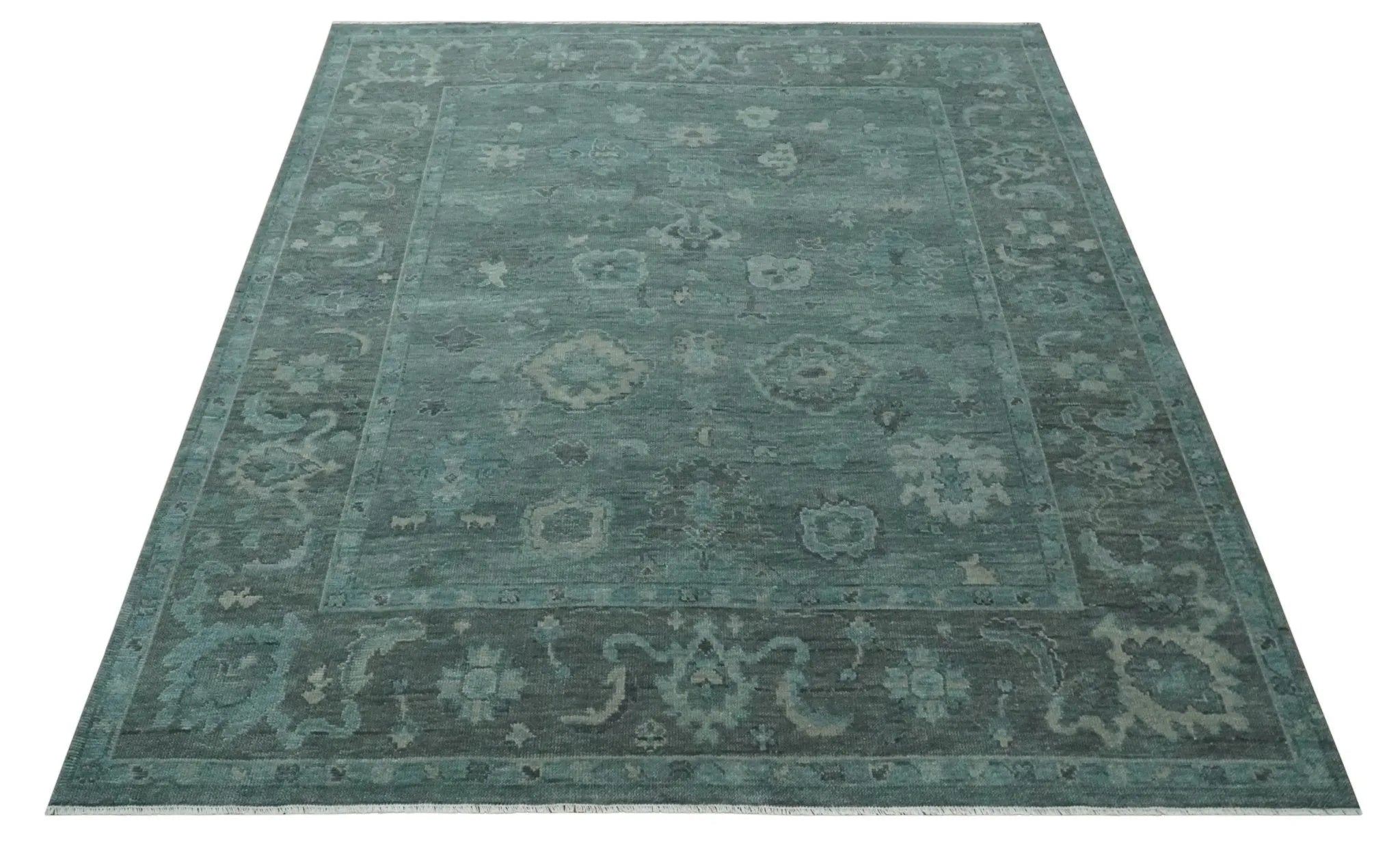 Custom Made Antique Style Blue and Charcoal Hand Knotted Oushak Wool Area Rug