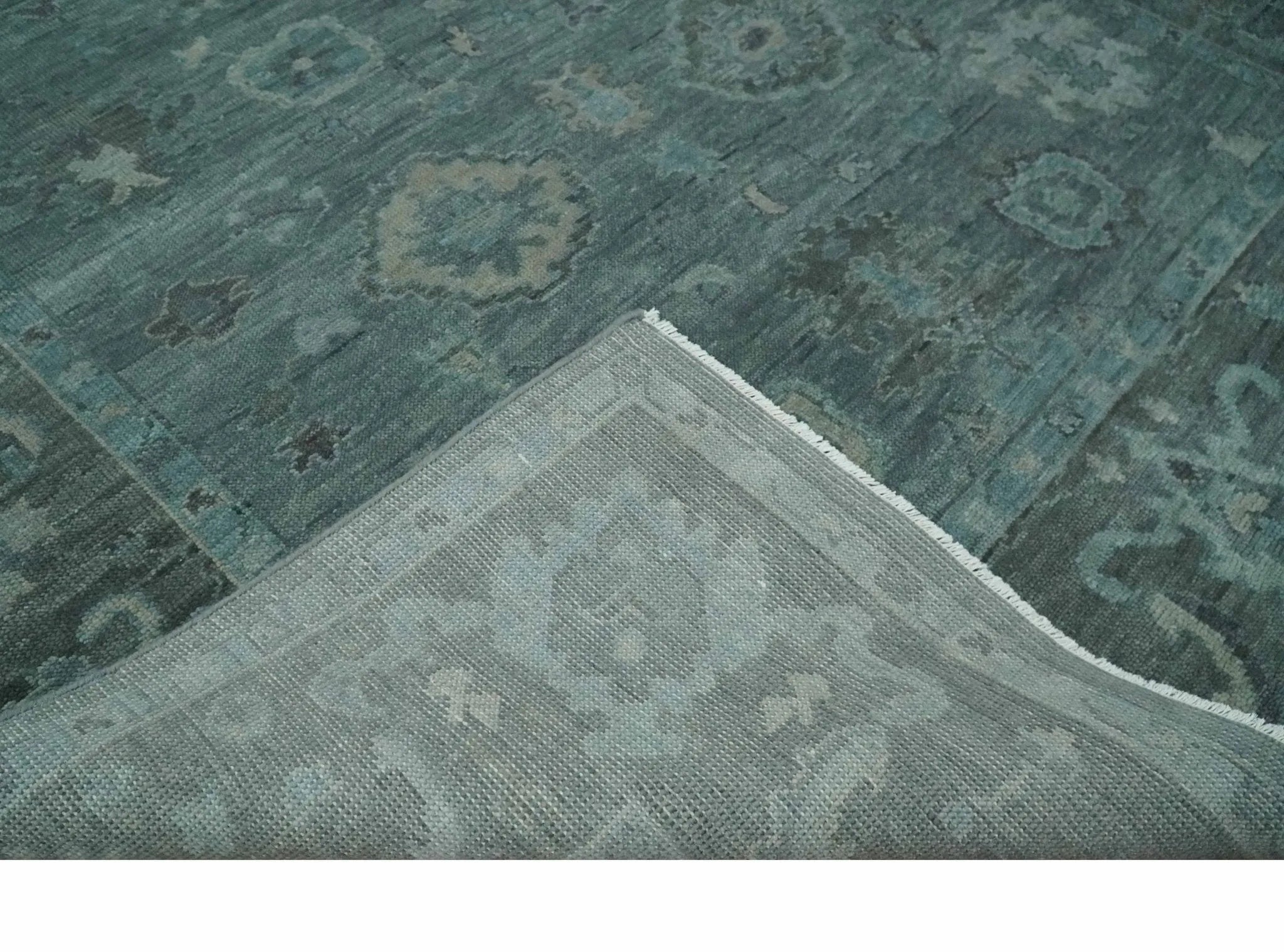 Custom Made Antique Style Blue and Charcoal Hand Knotted Oushak Wool Area Rug