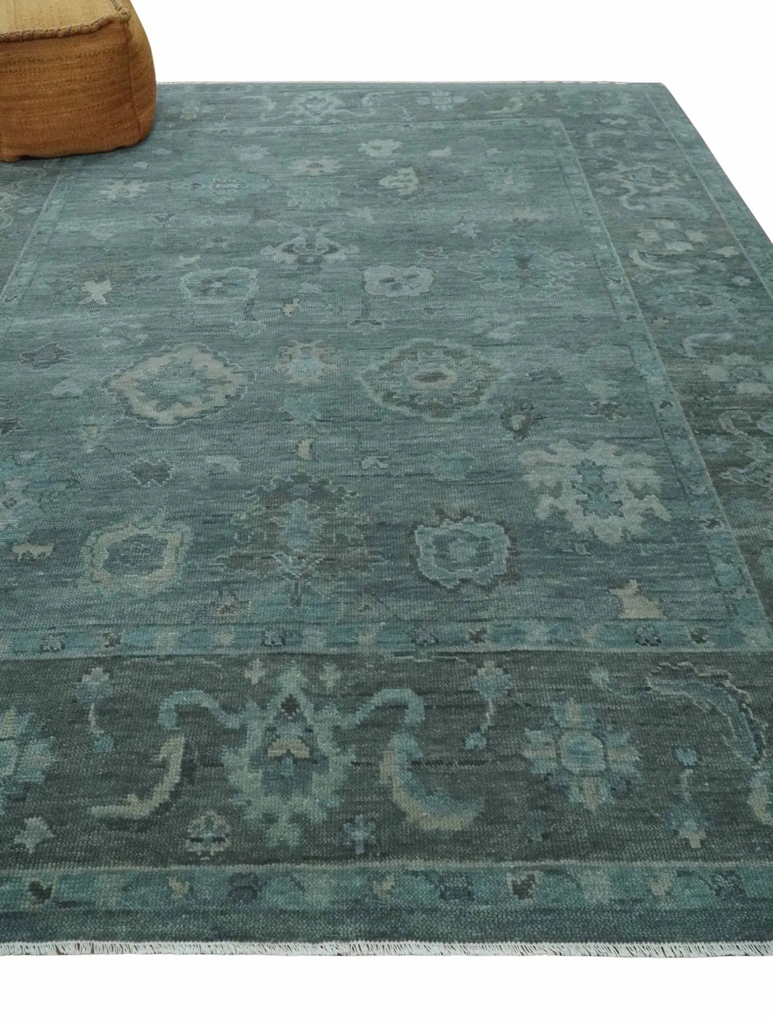 Custom Made Antique Style Blue and Charcoal Hand Knotted Oushak Wool Area Rug