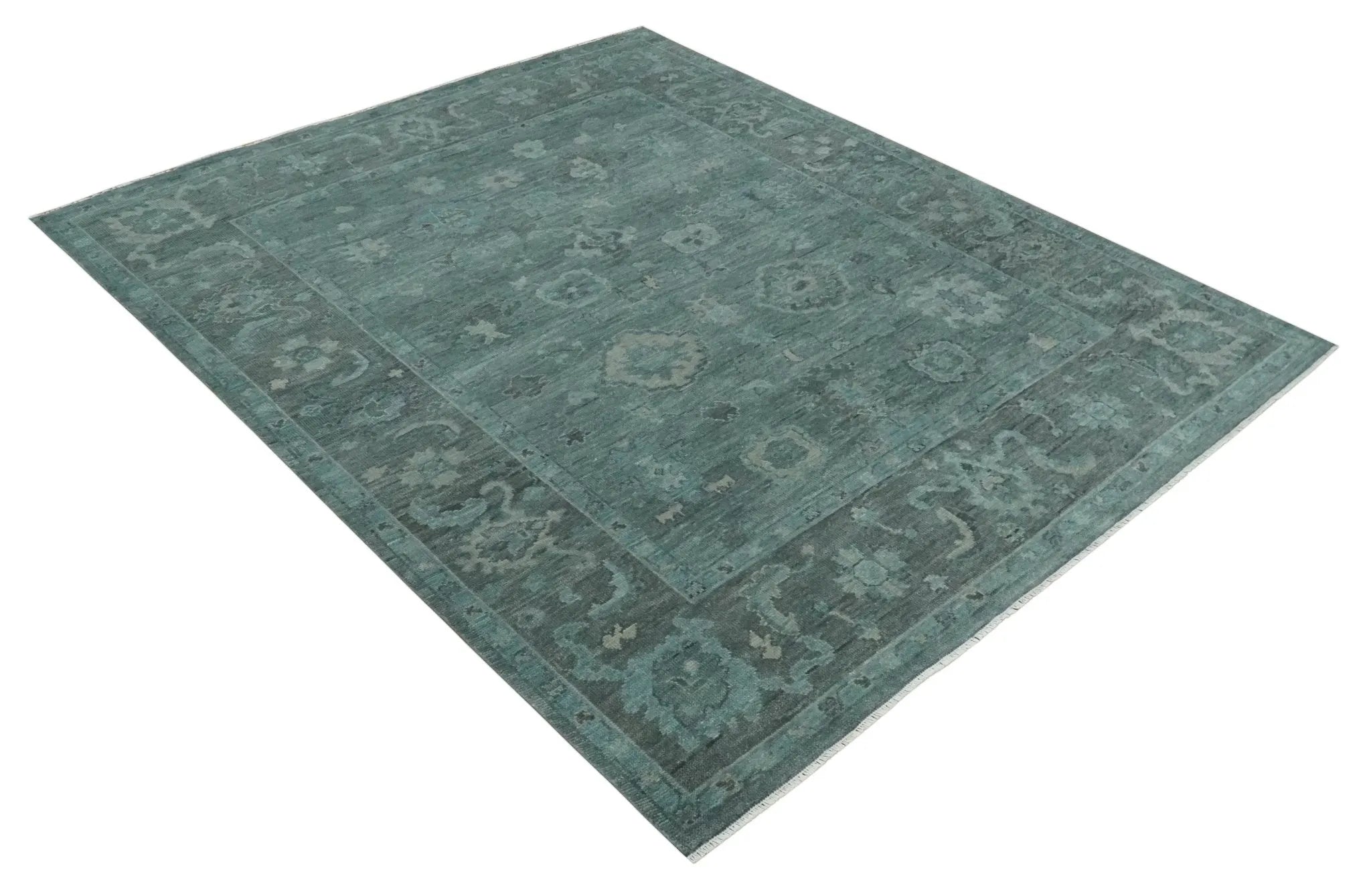 Custom Made Antique Style Blue and Charcoal Hand Knotted Oushak Wool Area Rug