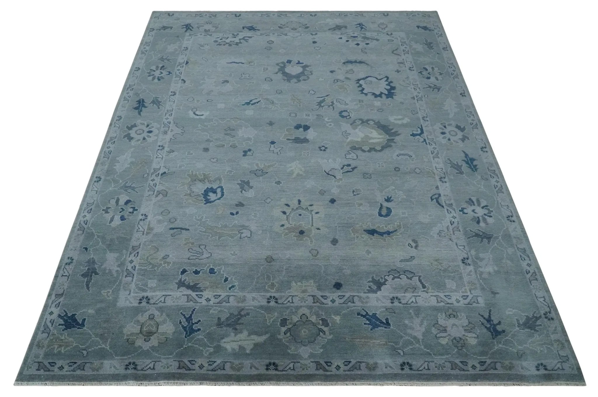 Custom made Antique style Blue and Silver Hand Knotted Oushak Wool Area Rug