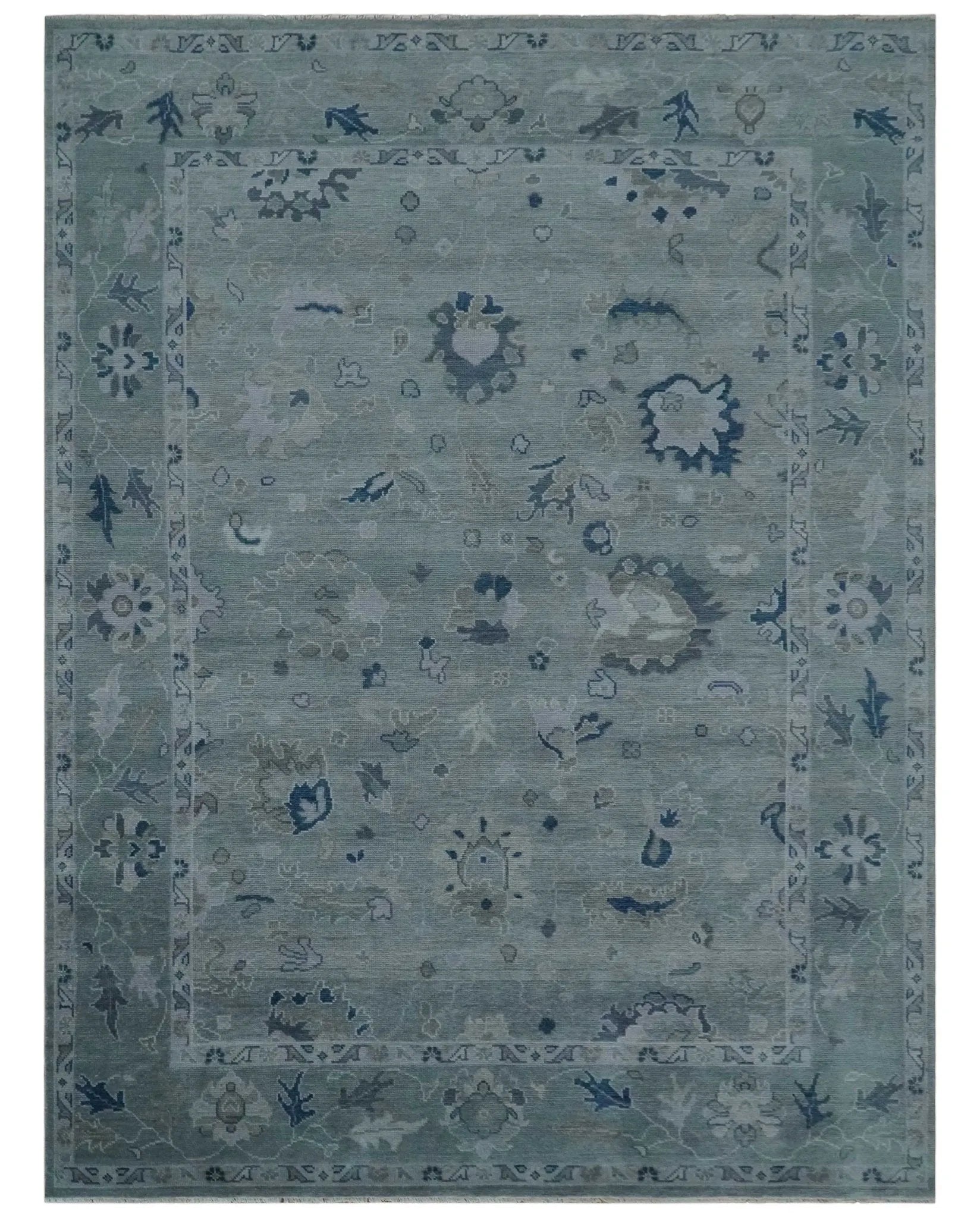 Custom made Antique style Blue and Silver Hand Knotted Oushak Wool Area Rug