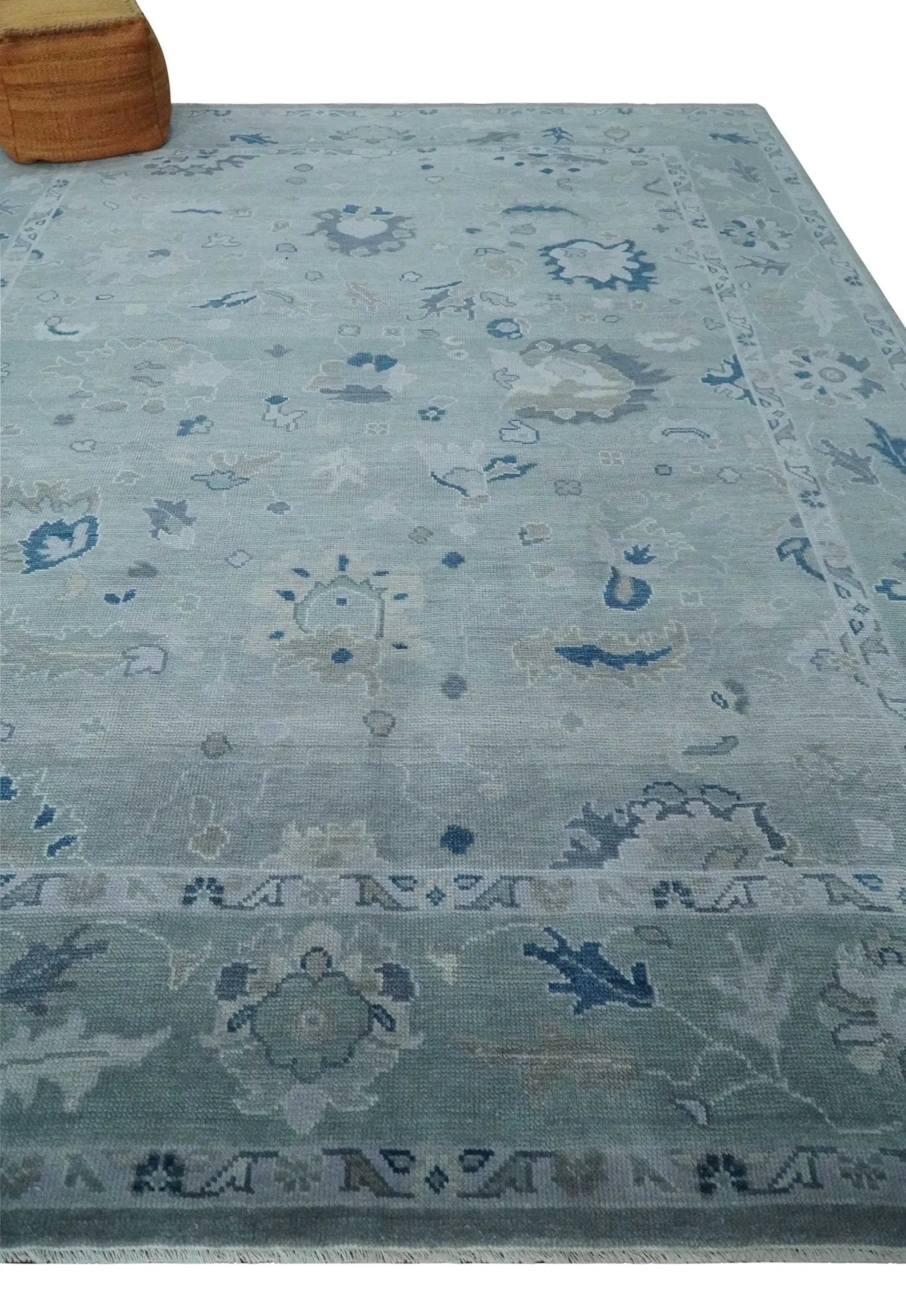 Custom made Antique style Blue and Silver Hand Knotted Oushak Wool Area Rug