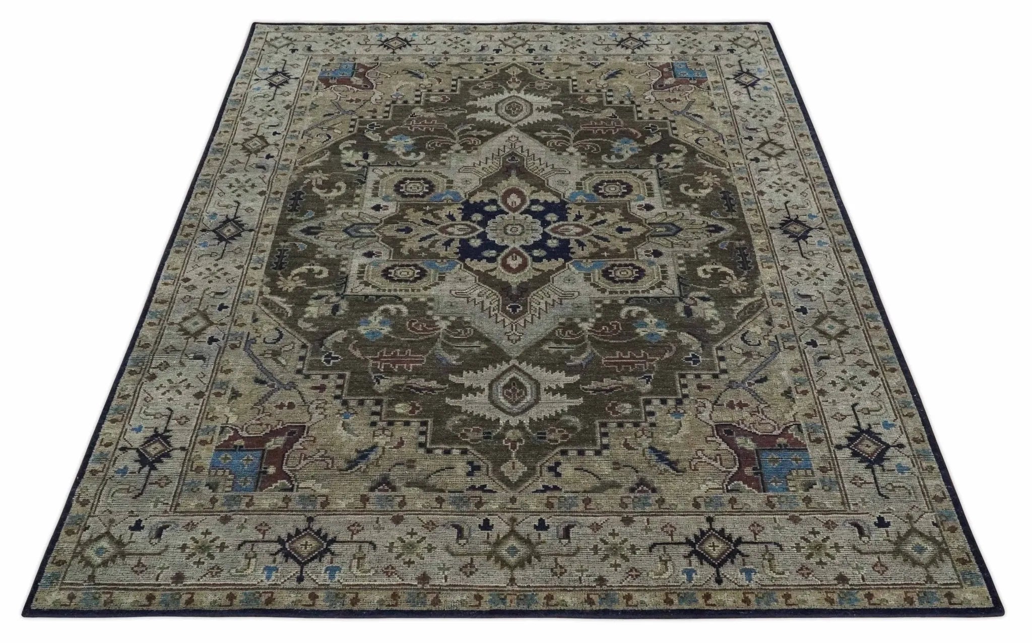 Custom Made Antique Style Brown, Beige and Green Traditional wool Area Rug