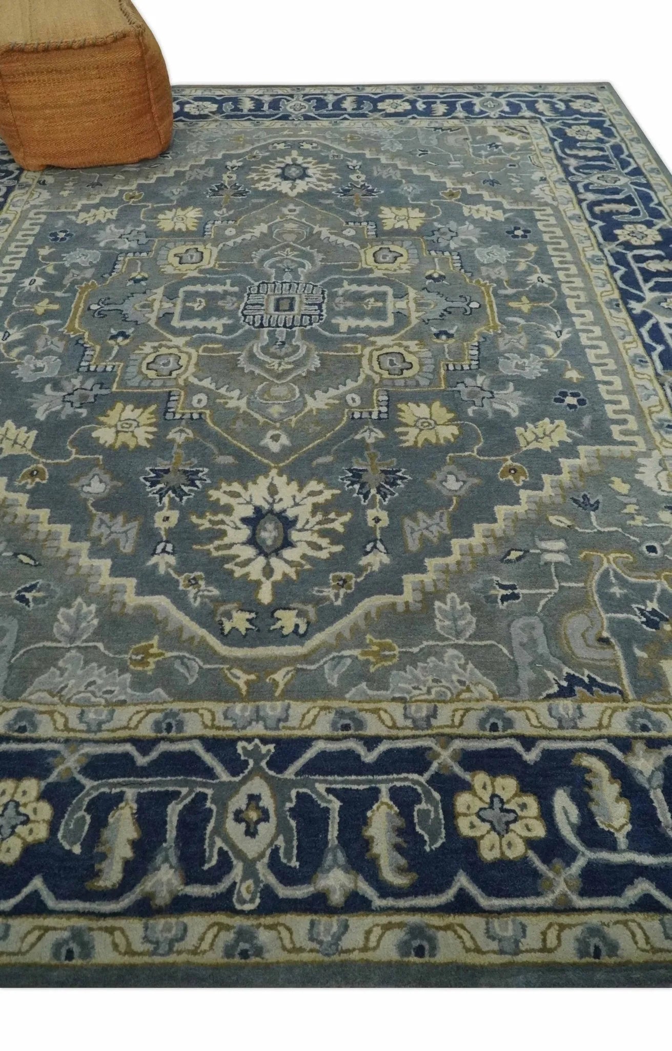 Custom Made Antique Style Gray, Blue and Beige Hand Tufted Traditional wool Area Rug