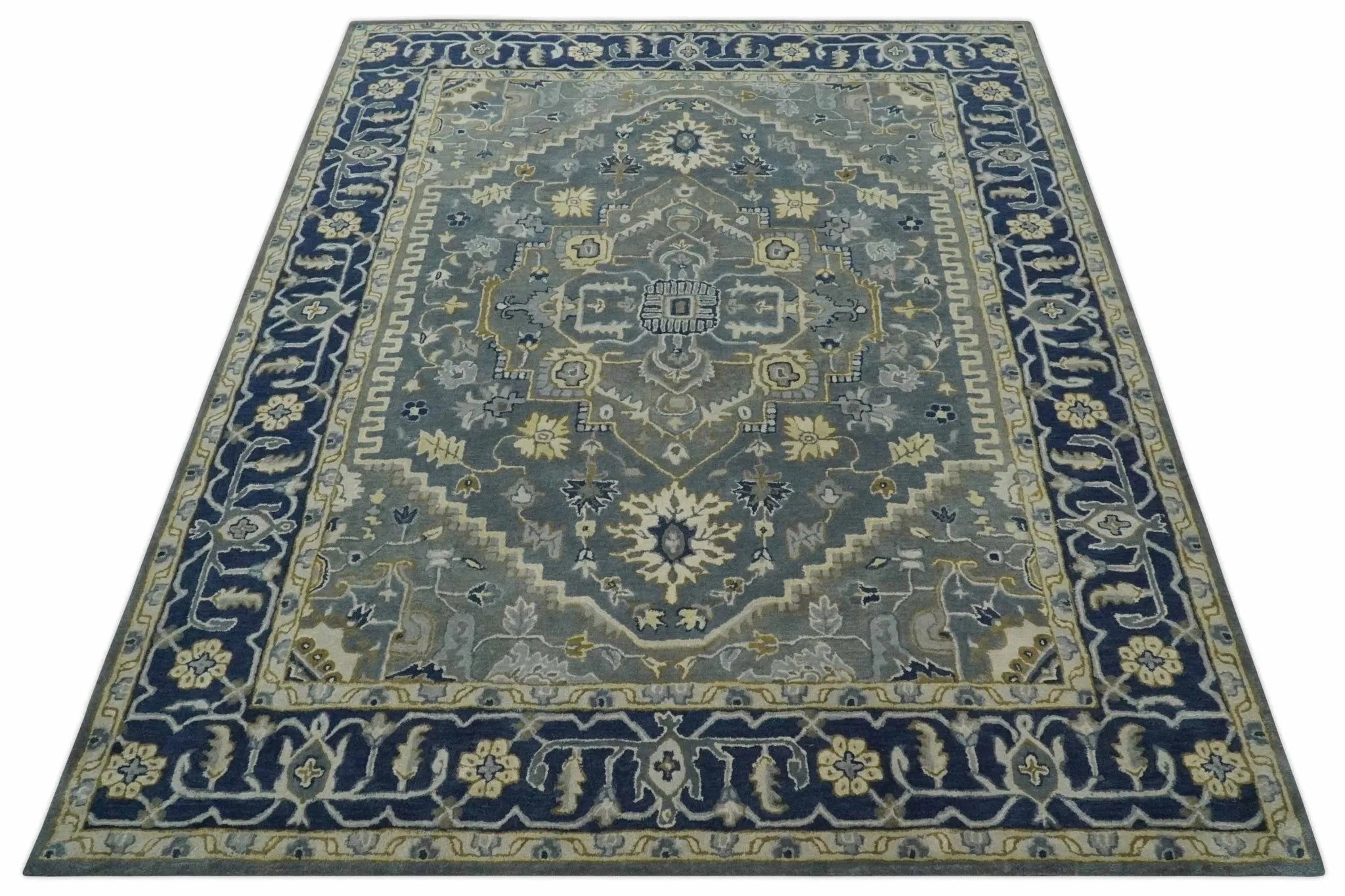 Custom Made Antique Style Gray, Blue and Beige Hand Tufted Traditional wool Area Rug