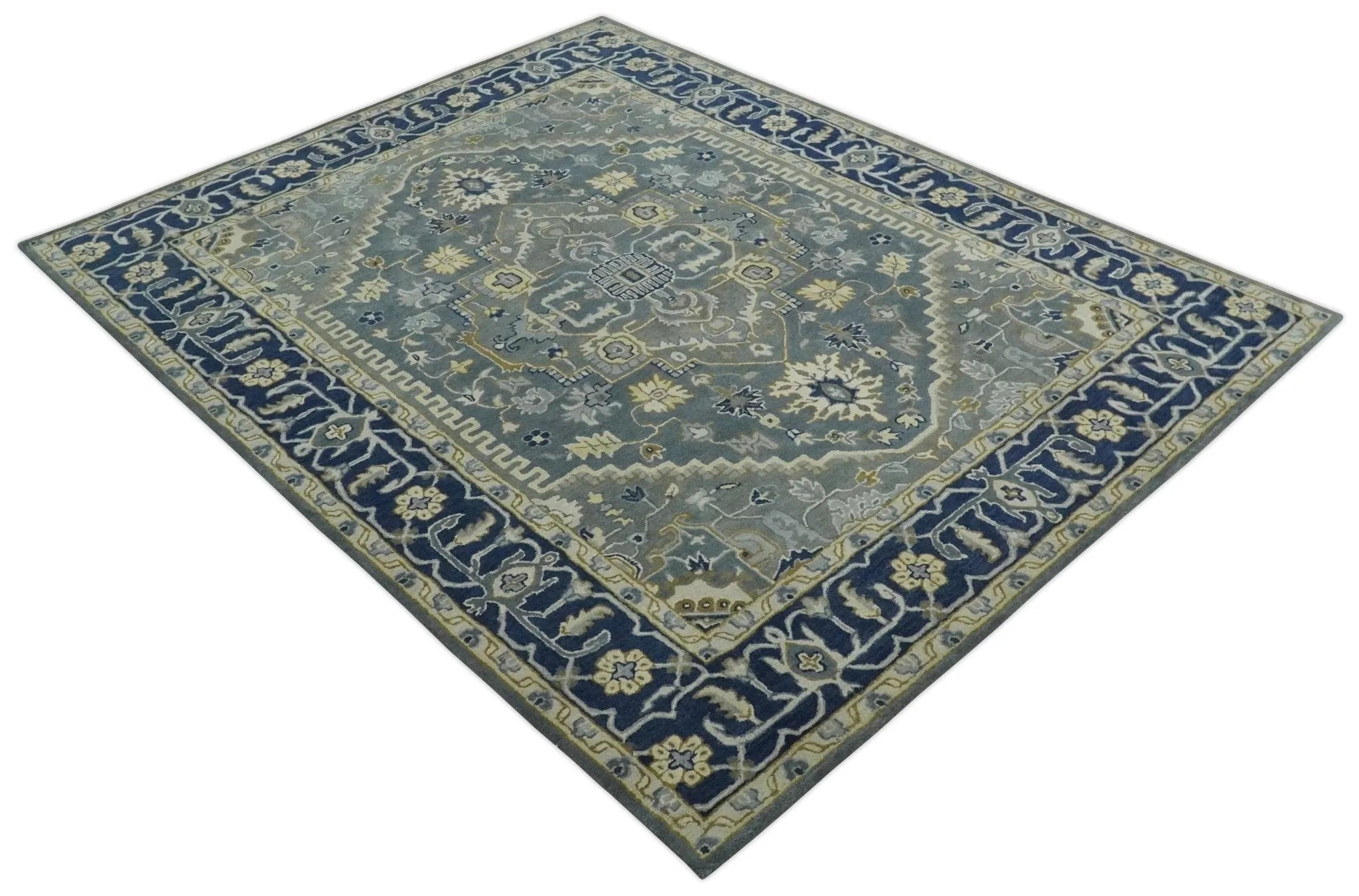 Custom Made Antique Style Gray, Blue and Beige Hand Tufted Traditional wool Area Rug