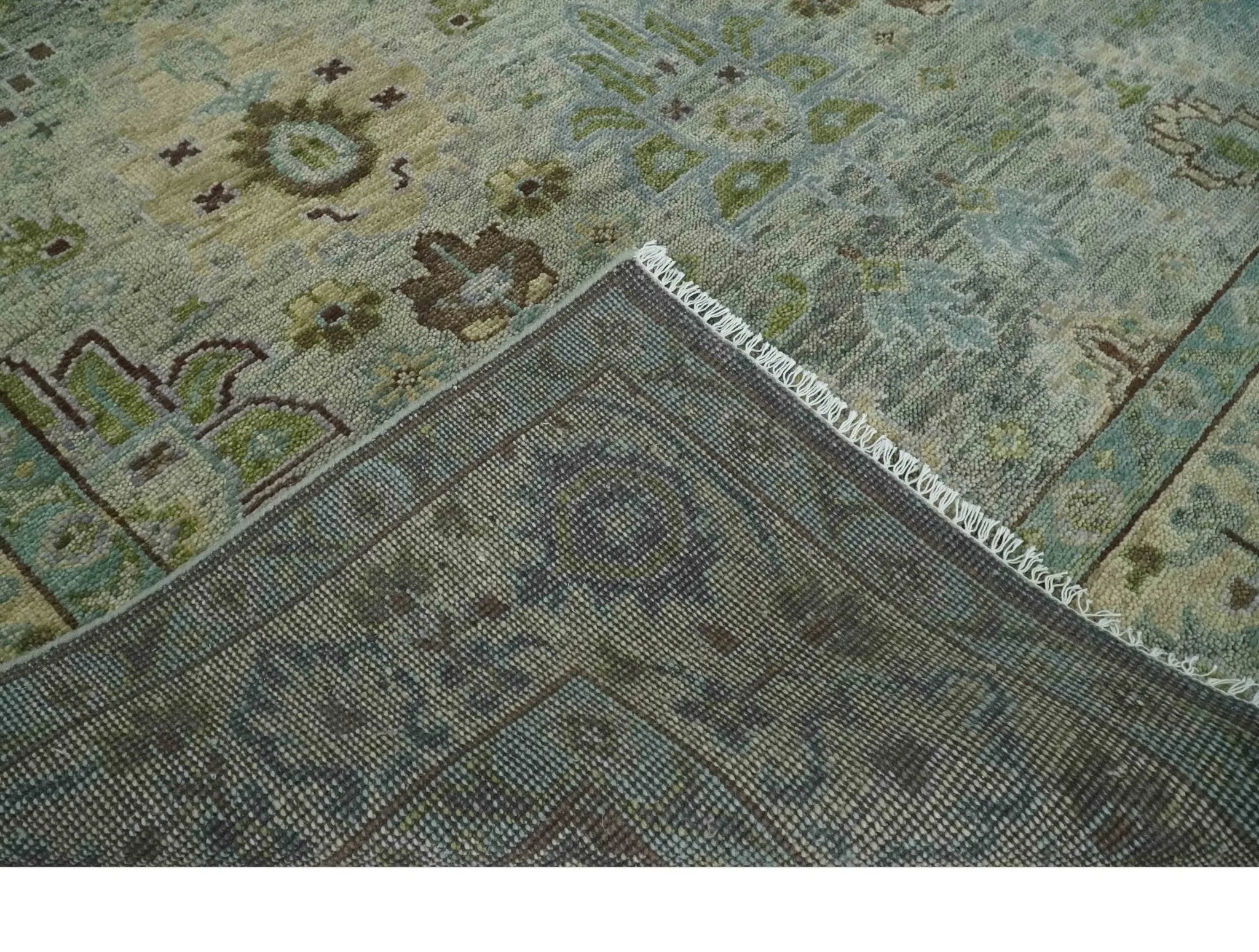 Custom Made Antique Style Green and Silver Hand knotted Traditional Oriental Oushak wool Area Rug