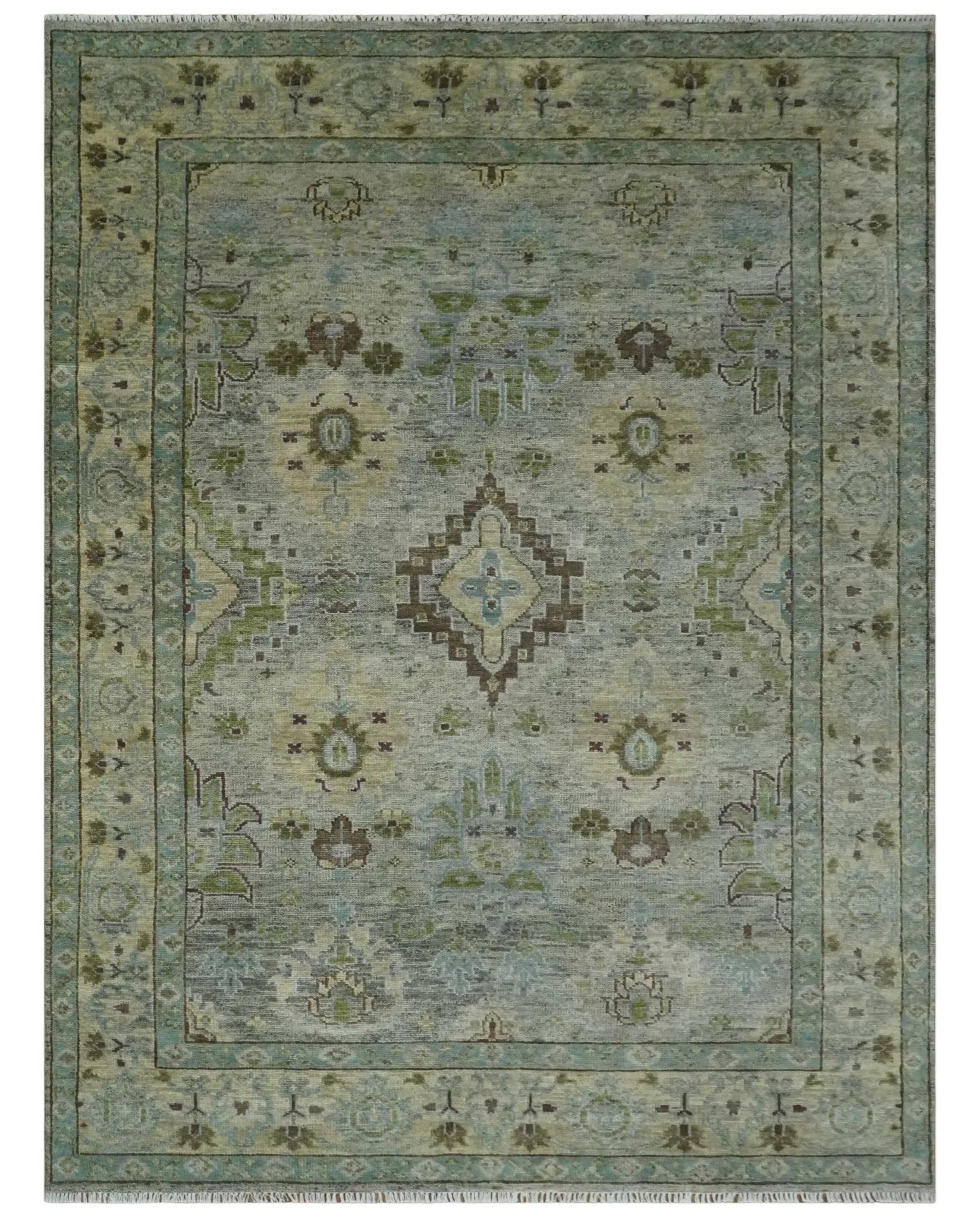 Custom Made Antique Style Green and Silver Hand knotted Traditional Oriental Oushak wool Area Rug