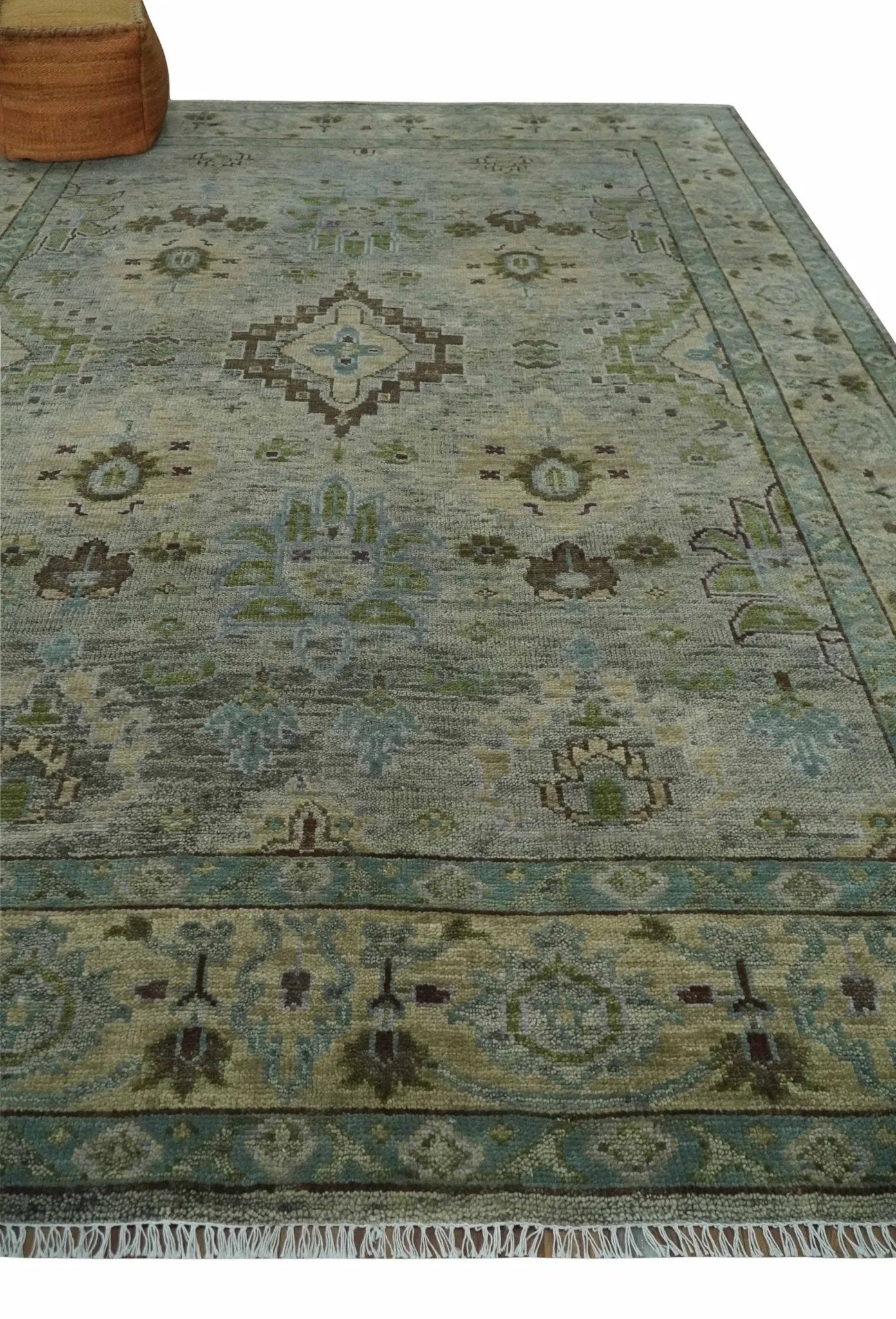 Custom Made Antique Style Green and Silver Hand knotted Traditional Oriental Oushak wool Area Rug