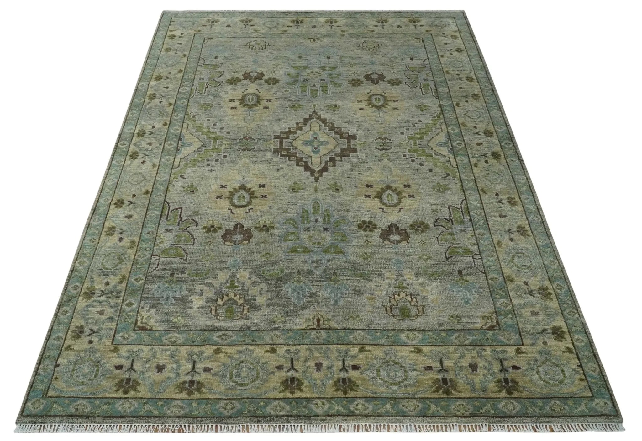 Custom Made Antique Style Green and Silver Hand knotted Traditional Oriental Oushak wool Area Rug