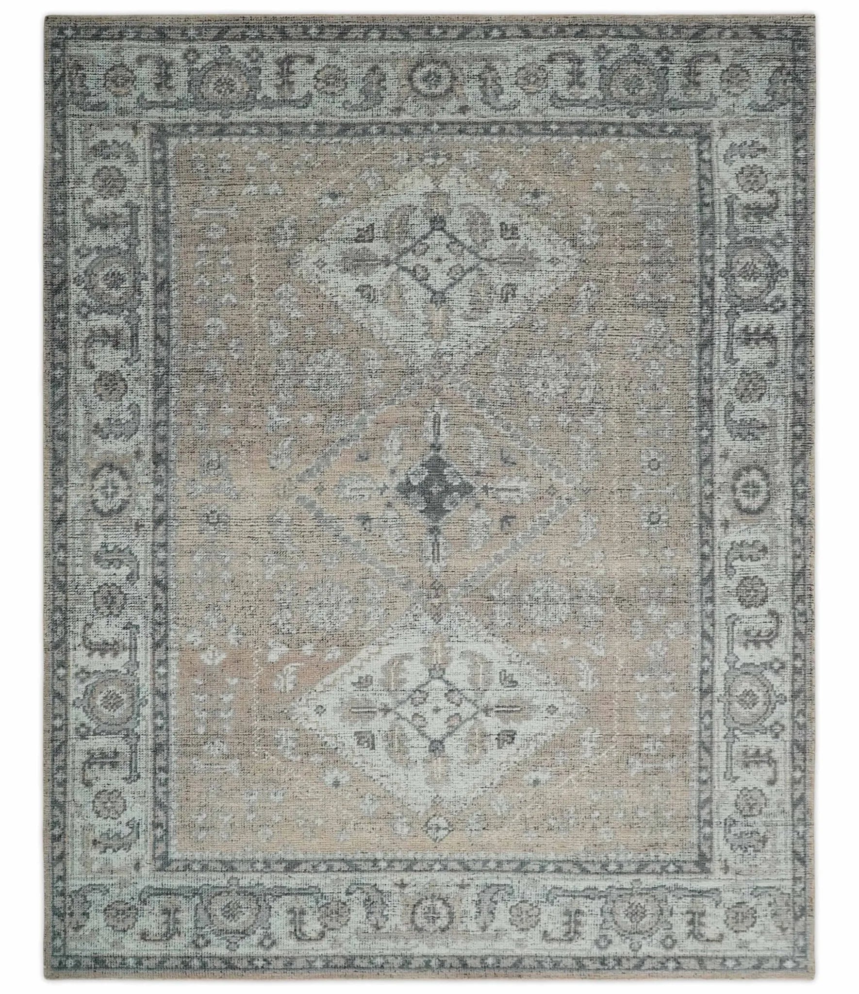 Custom Made Antique Style Peach, Ivory and Charcoal Hand knotted Traditional Wool Rug