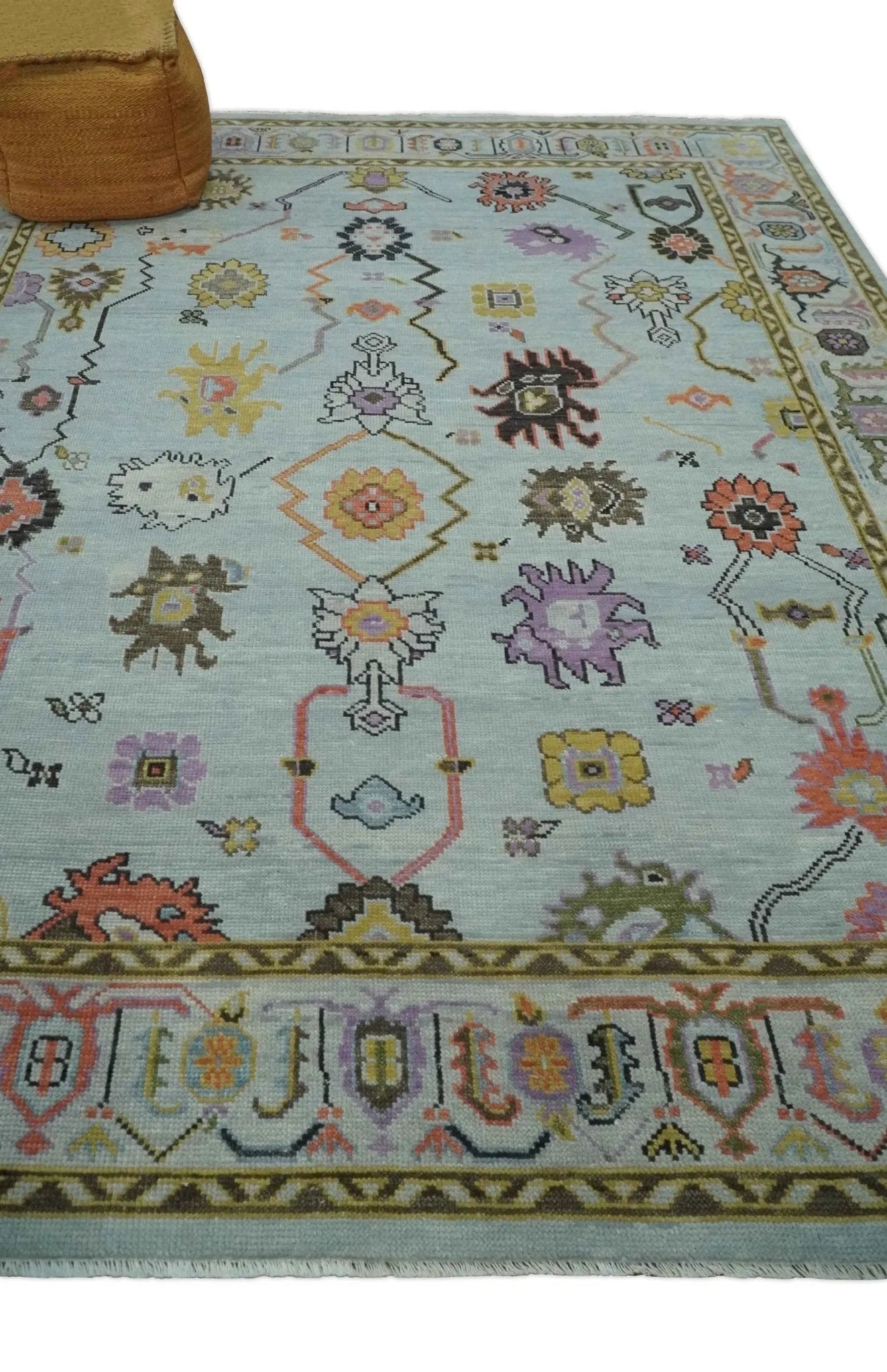 Custom Made Aqua and Green Hand knotted Traditional Oushak wool area Rug