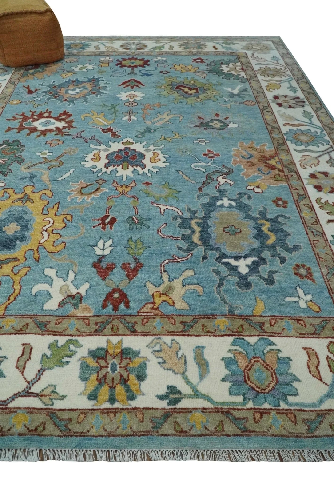 Custom Made Aqua and Ivory hand knotted Vibrant colorful Traditional Oushak Wool Area Rug