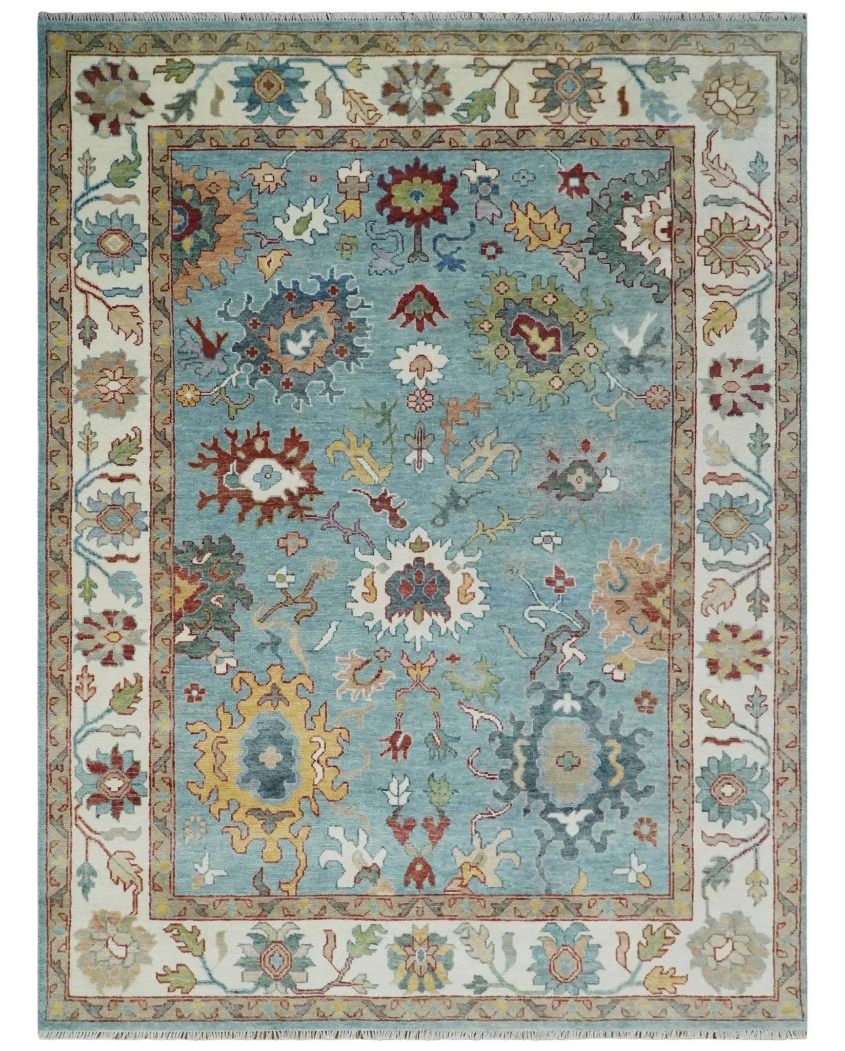 Custom Made Aqua and Ivory hand knotted Vibrant colorful Traditional Oushak Wool Area Rug