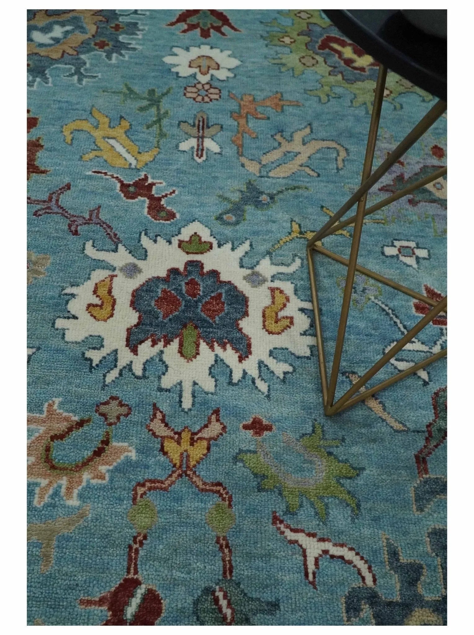 Custom Made Aqua and Ivory hand knotted Vibrant colorful Traditional Oushak Wool Area Rug