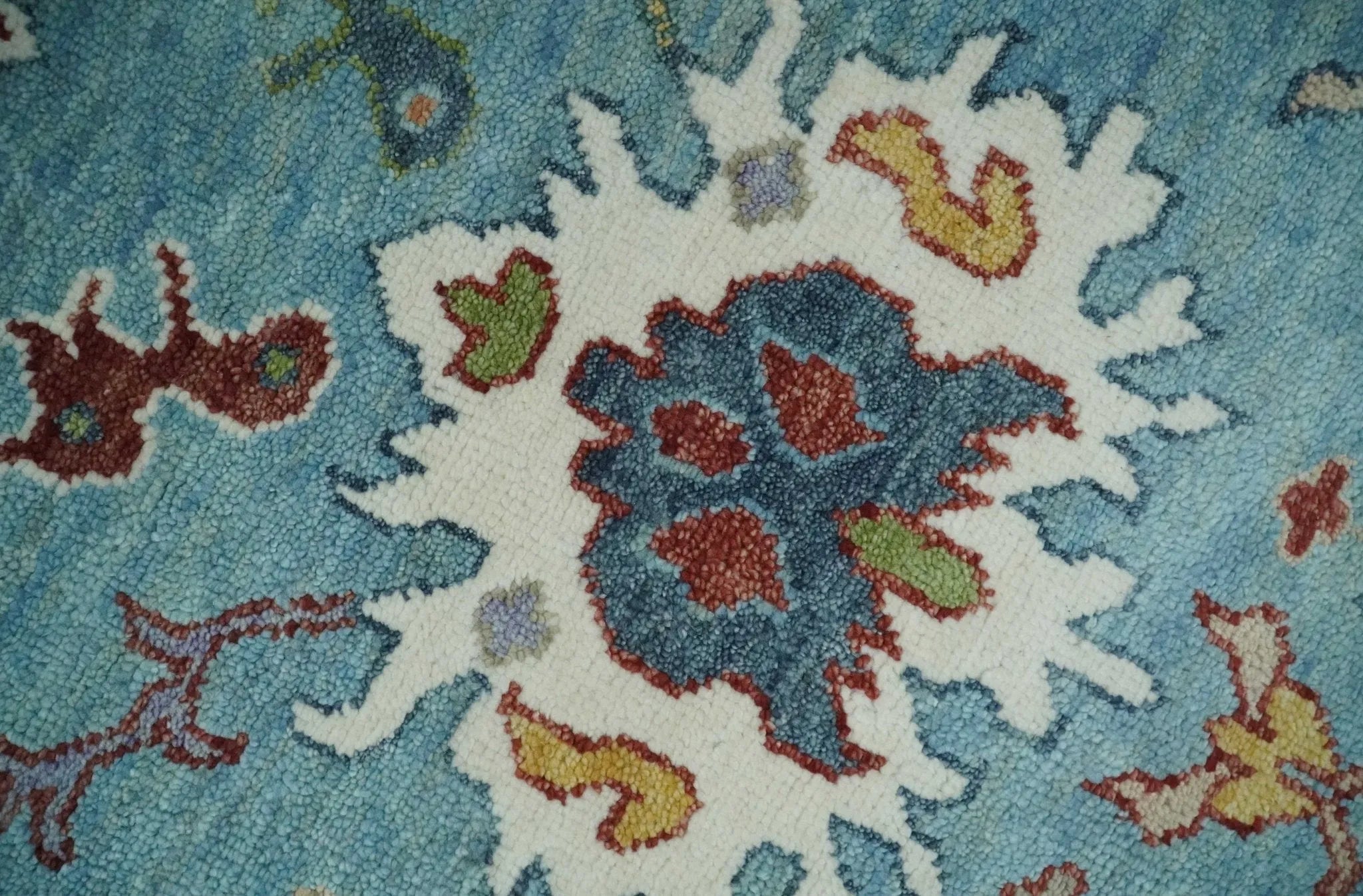 Custom Made Aqua and Ivory hand knotted Vibrant colorful Traditional Oushak Wool Area Rug