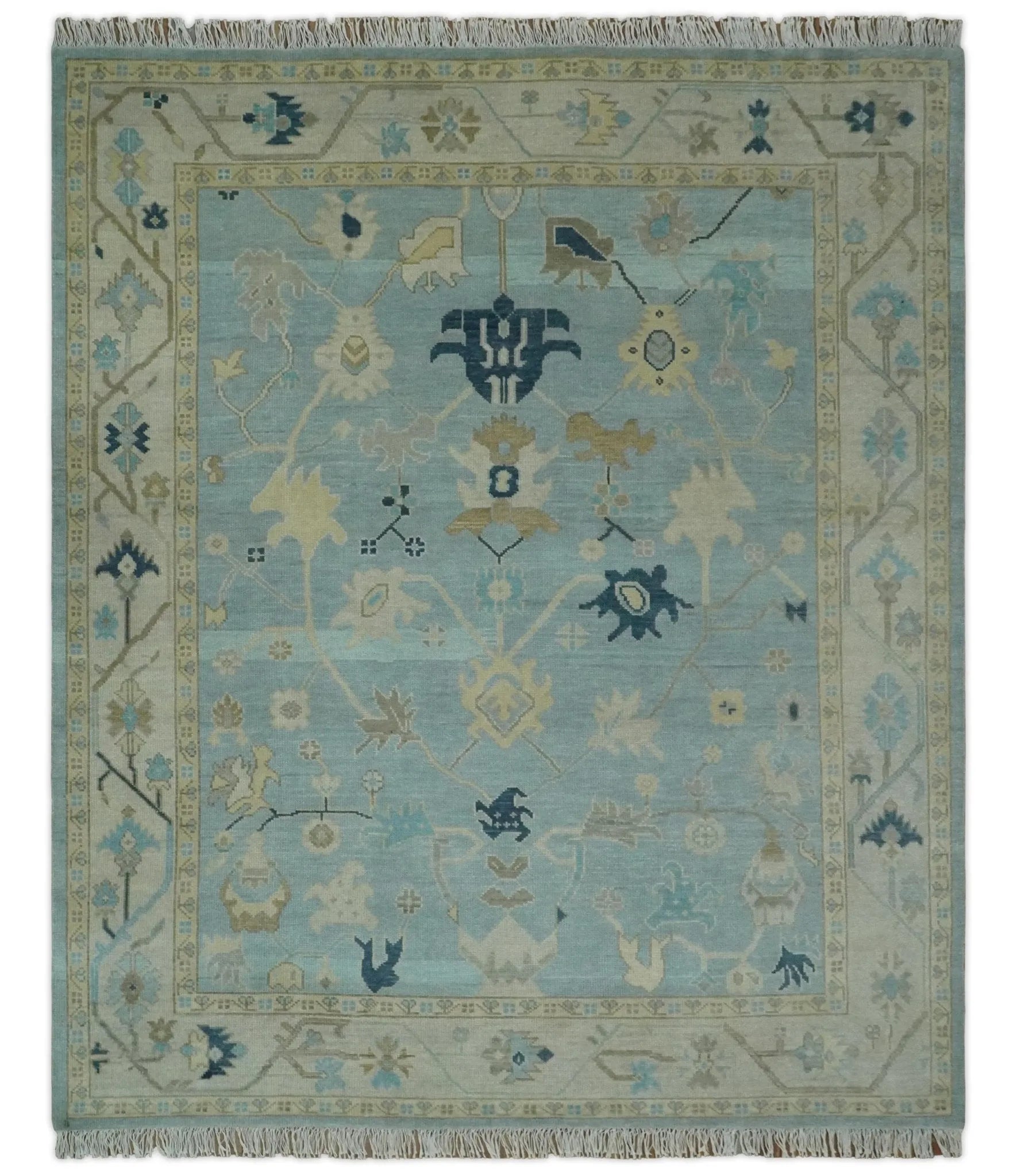 Custom Made Aqua, Ivory and Beige Hand knotted Oriental Oushak wool Area Rug