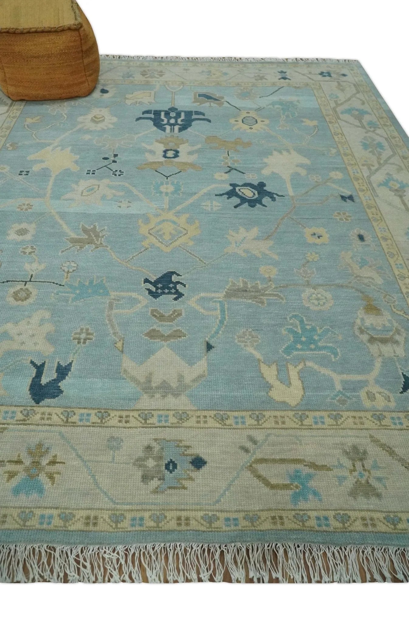 Custom Made Aqua, Ivory and Beige Hand knotted Oriental Oushak wool Area Rug