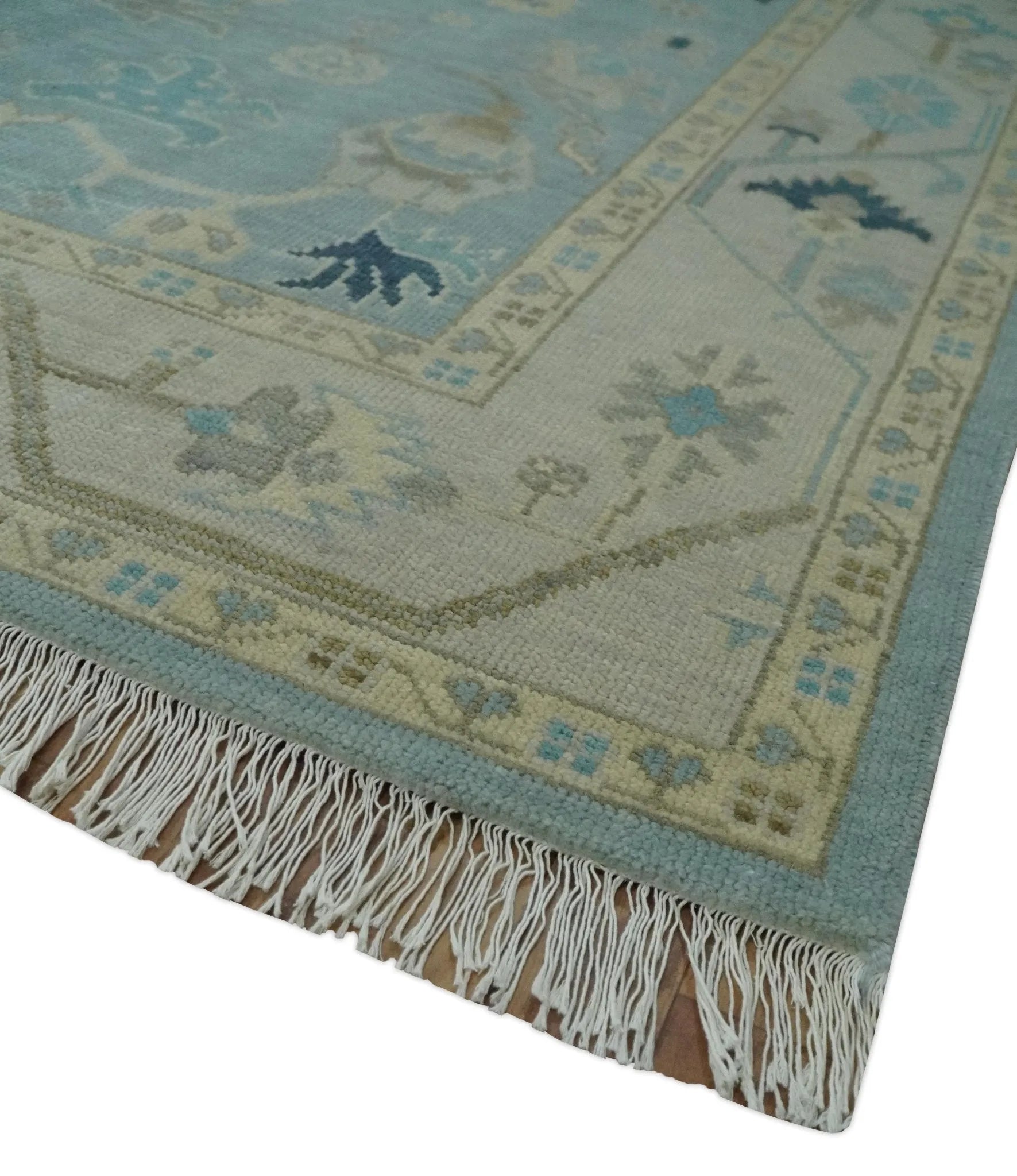 Custom Made Aqua, Ivory and Beige Hand knotted Oriental Oushak wool Area Rug