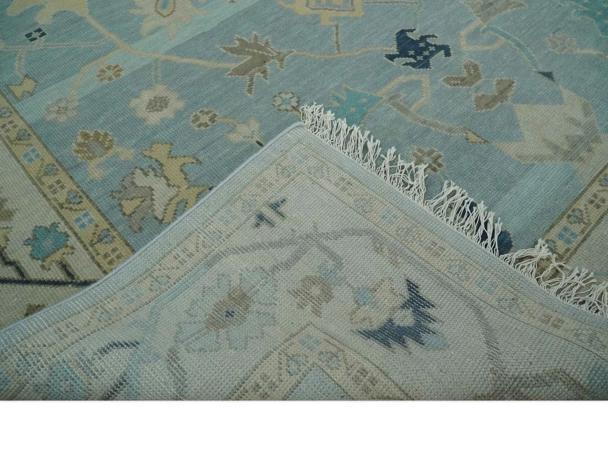 Custom Made Aqua, Ivory and Beige Hand knotted Oriental Oushak wool Area Rug