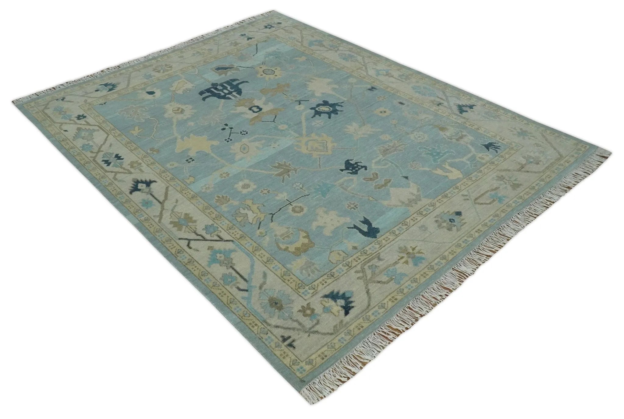 Custom Made Aqua, Ivory and Beige Hand knotted Oriental Oushak wool Area Rug