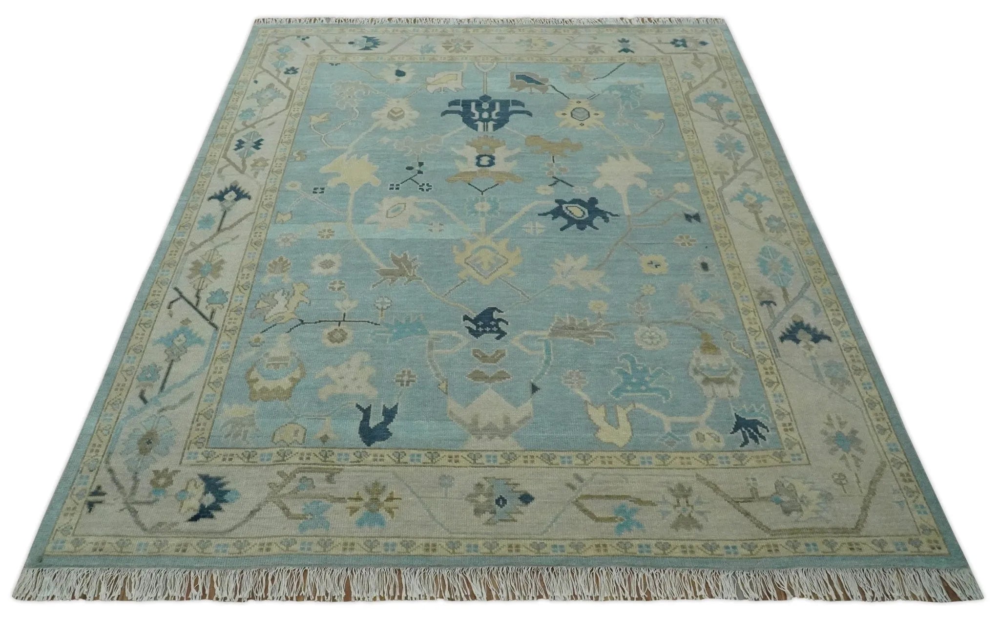 Custom Made Aqua, Ivory and Beige Hand knotted Oriental Oushak wool Area Rug