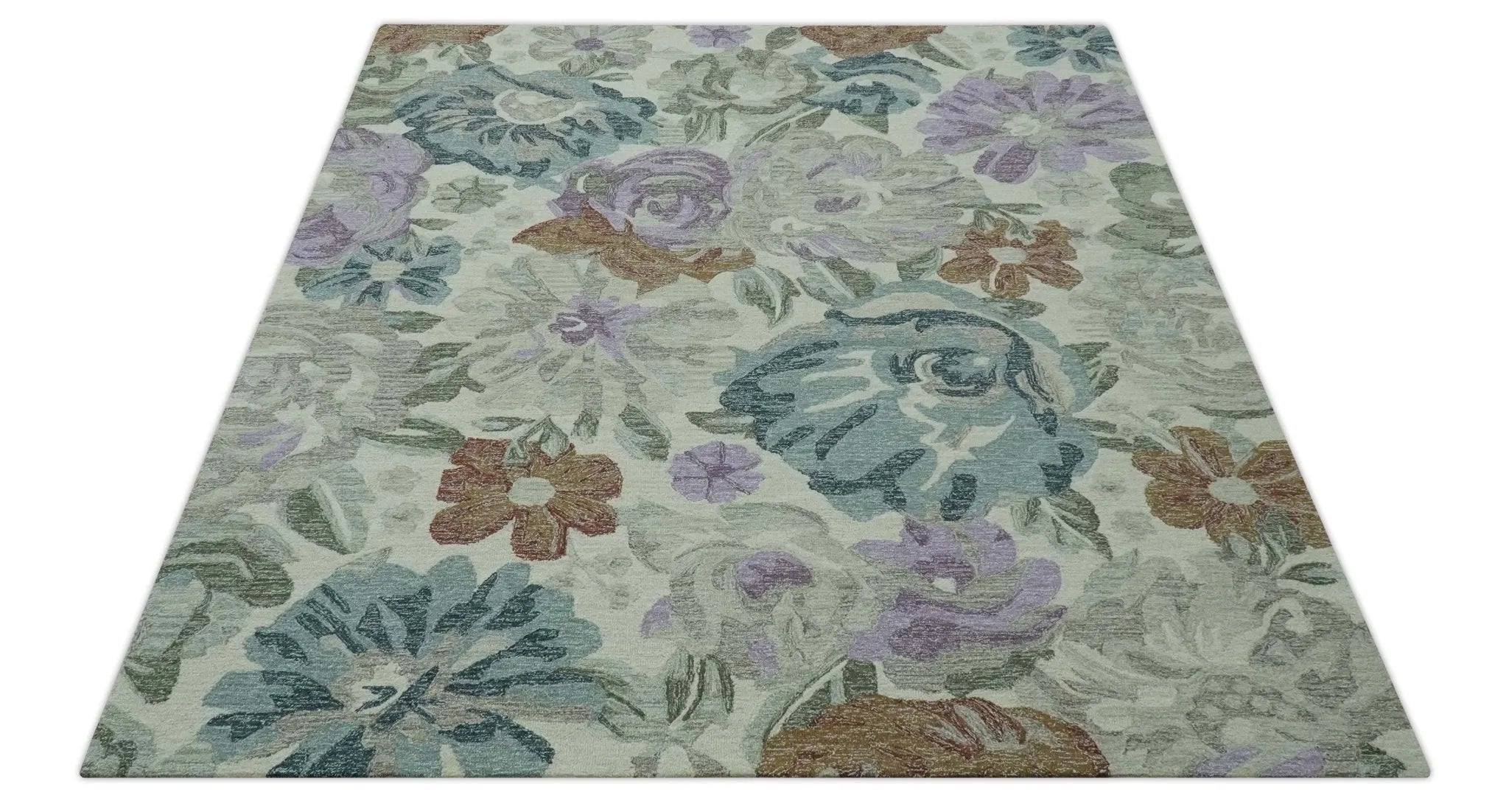 Custom Made Beautiful Ivory, Gray, Purple Flower Design Hand Tufted wool Area Rug