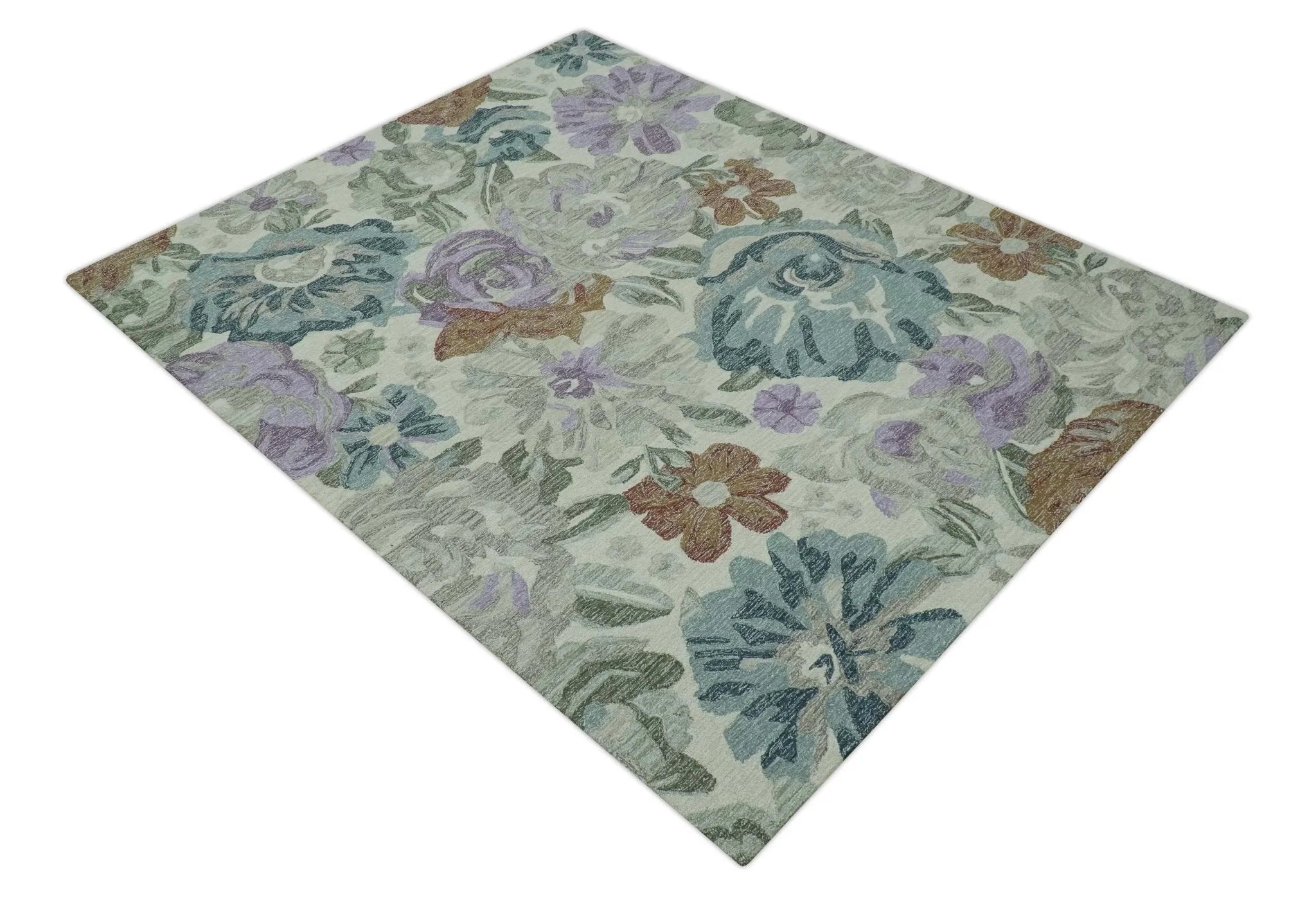 Custom Made Beautiful Ivory, Gray, Purple Flower Design Hand Tufted wool Area Rug