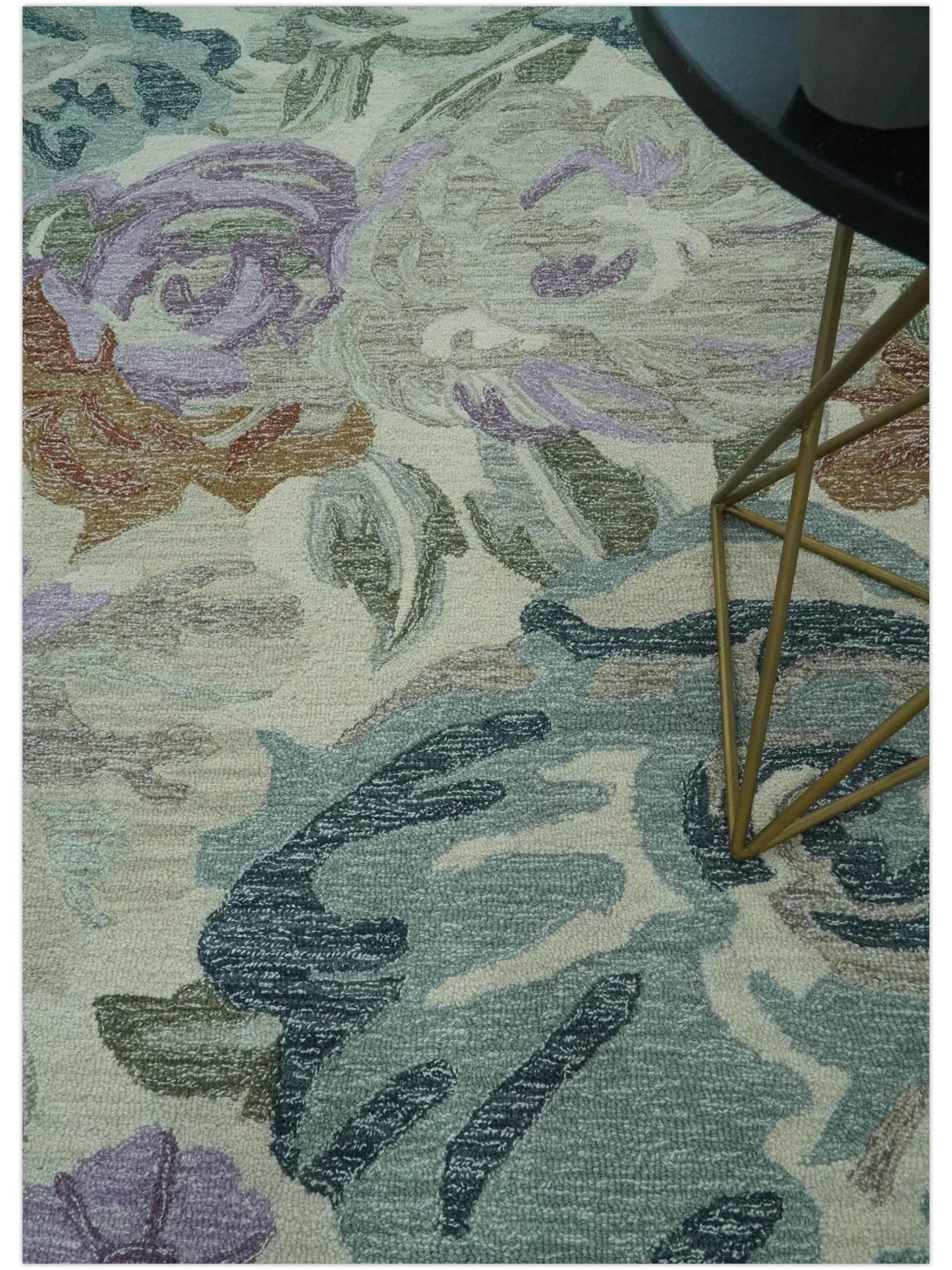 Custom Made Beautiful Ivory, Gray, Purple Flower Design Hand Tufted wool Area Rug