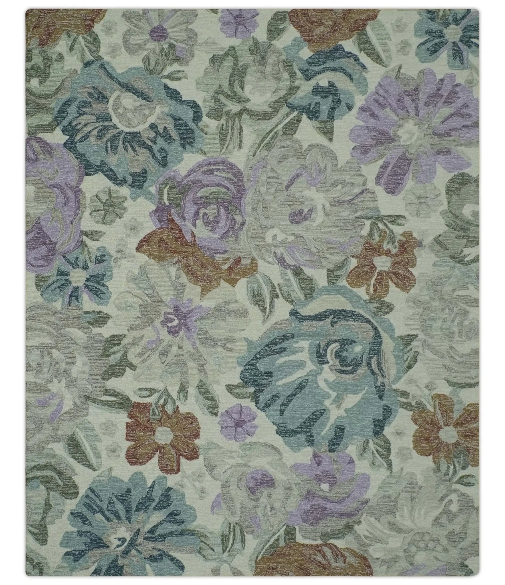 Custom Made Beautiful Ivory, Gray, Purple Flower Design Hand Tufted wool Area Rug