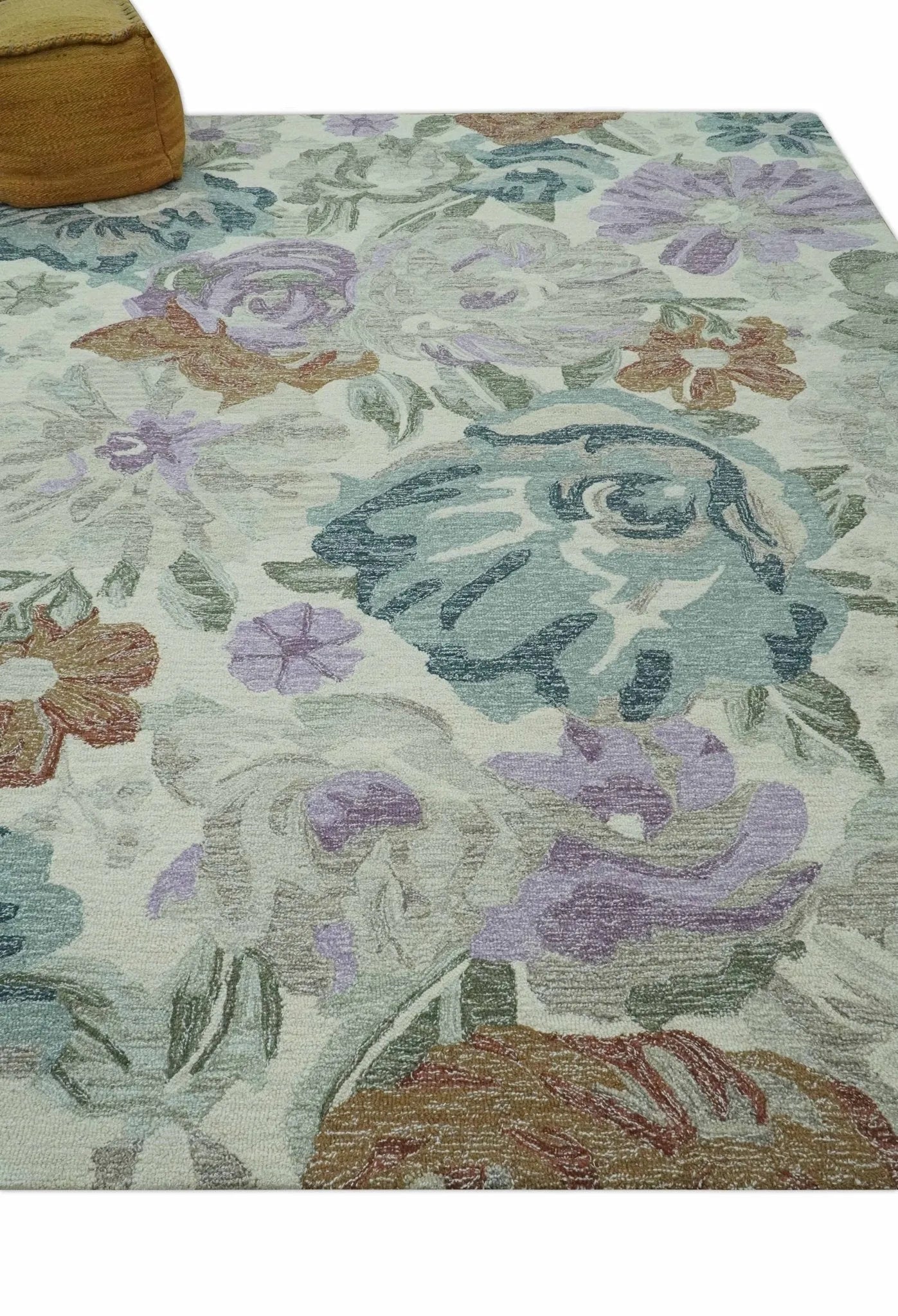 Custom Made Beautiful Ivory, Gray, Purple Flower Design Hand Tufted wool Area Rug