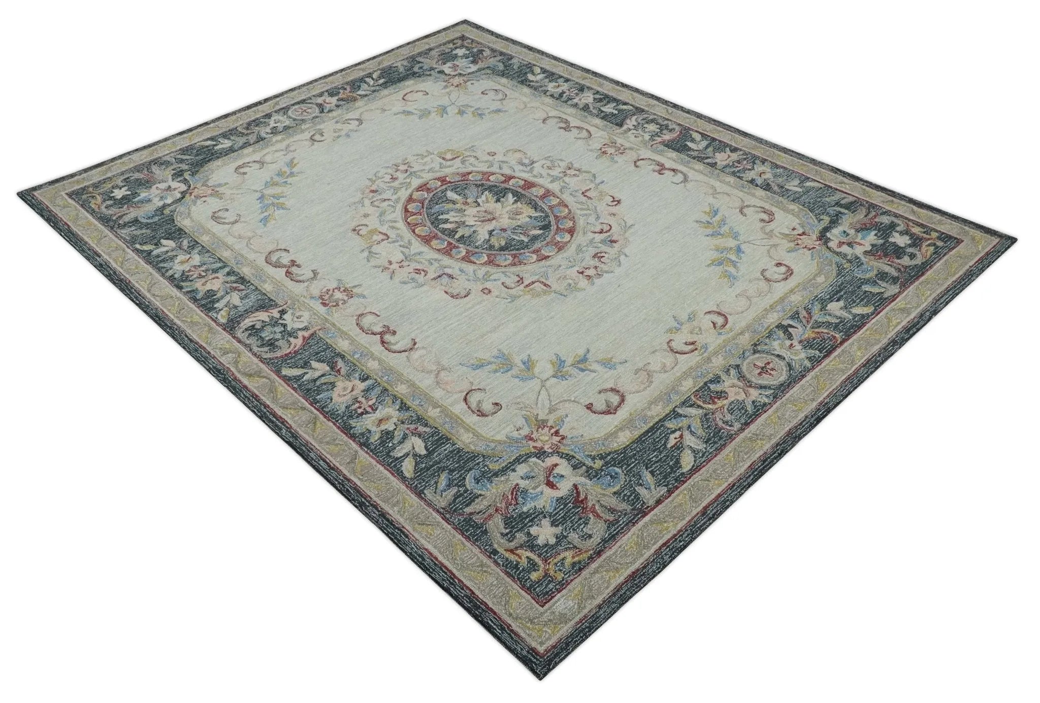 Custom Made Beige and Charcoal Aubusson French design Hand Tufted wool Area Rug