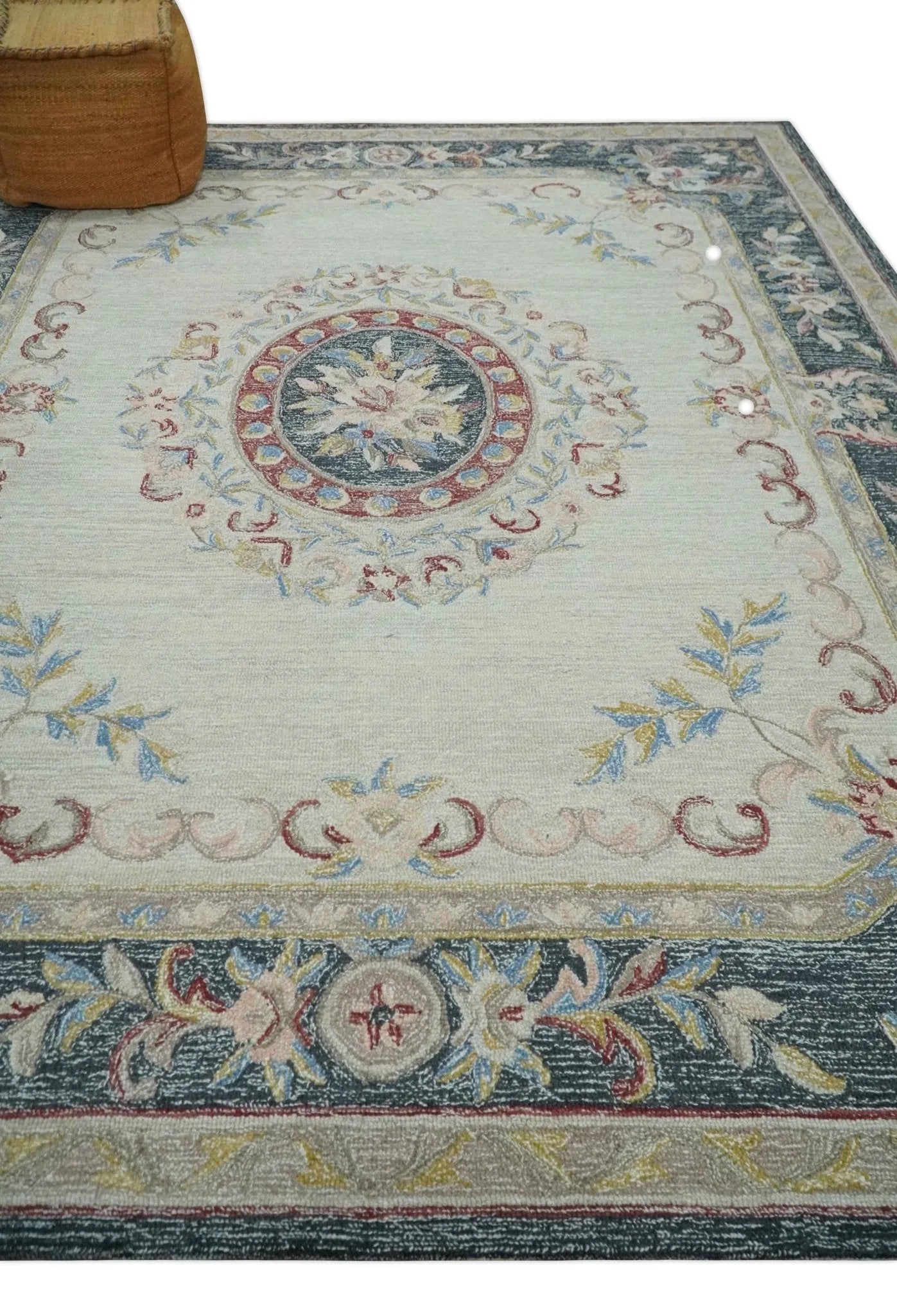 Custom Made Beige and Charcoal Aubusson French design Hand Tufted wool Area Rug