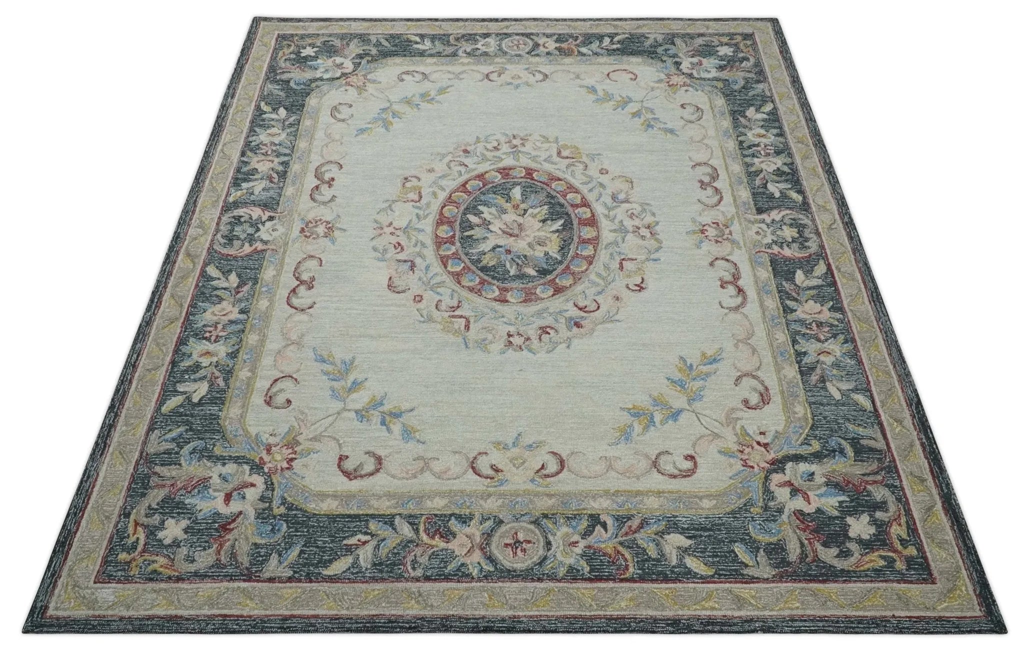 Custom Made Beige and Charcoal Aubusson French design Hand Tufted wool Area Rug