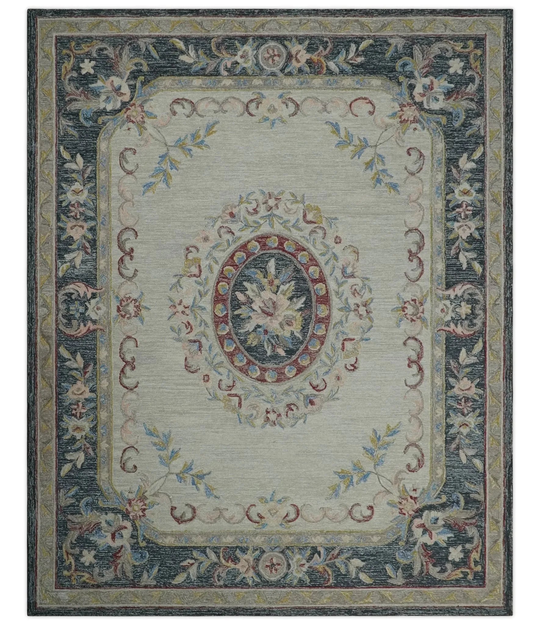 Custom Made Beige and Charcoal Aubusson French design Hand Tufted wool Area Rug