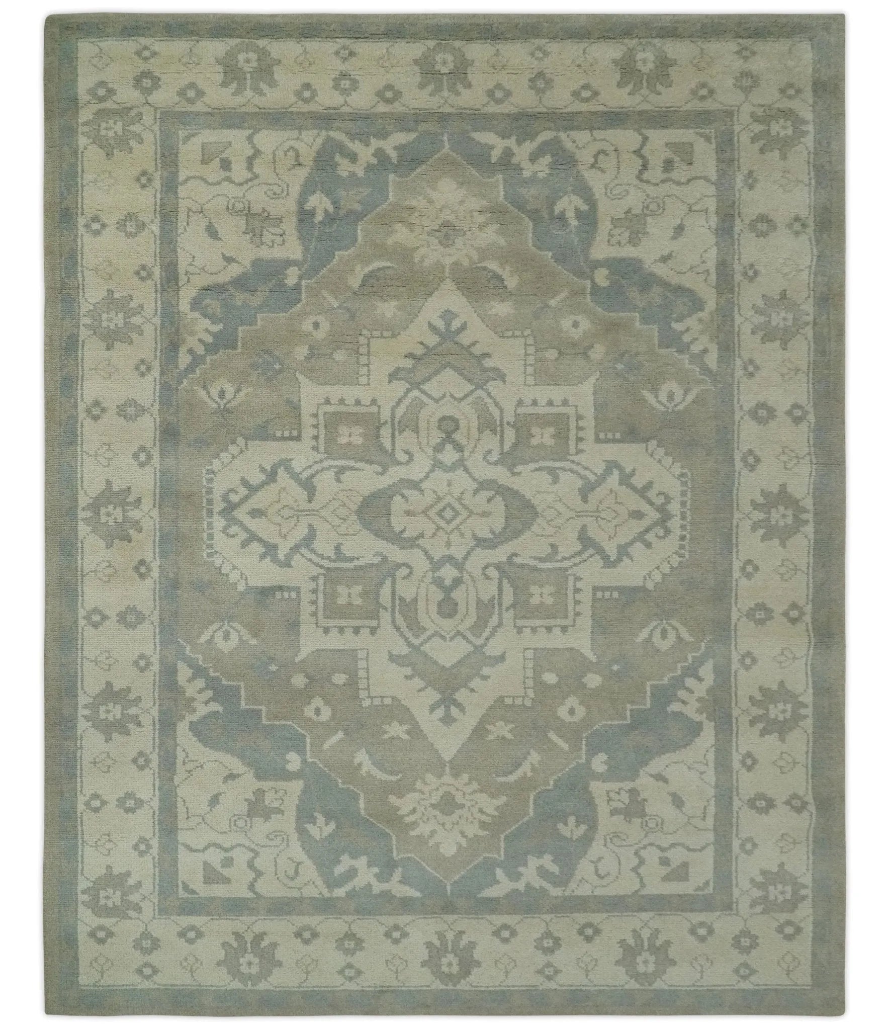 Custom Made Beige and Charcoal Traditional Heriz Medallion Hand Knotted wool Area Rug