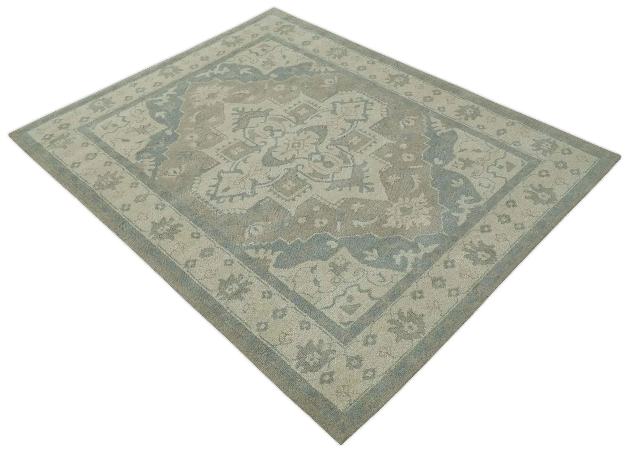 Custom Made Beige and Charcoal Traditional Heriz Medallion Hand Knotted wool Area Rug