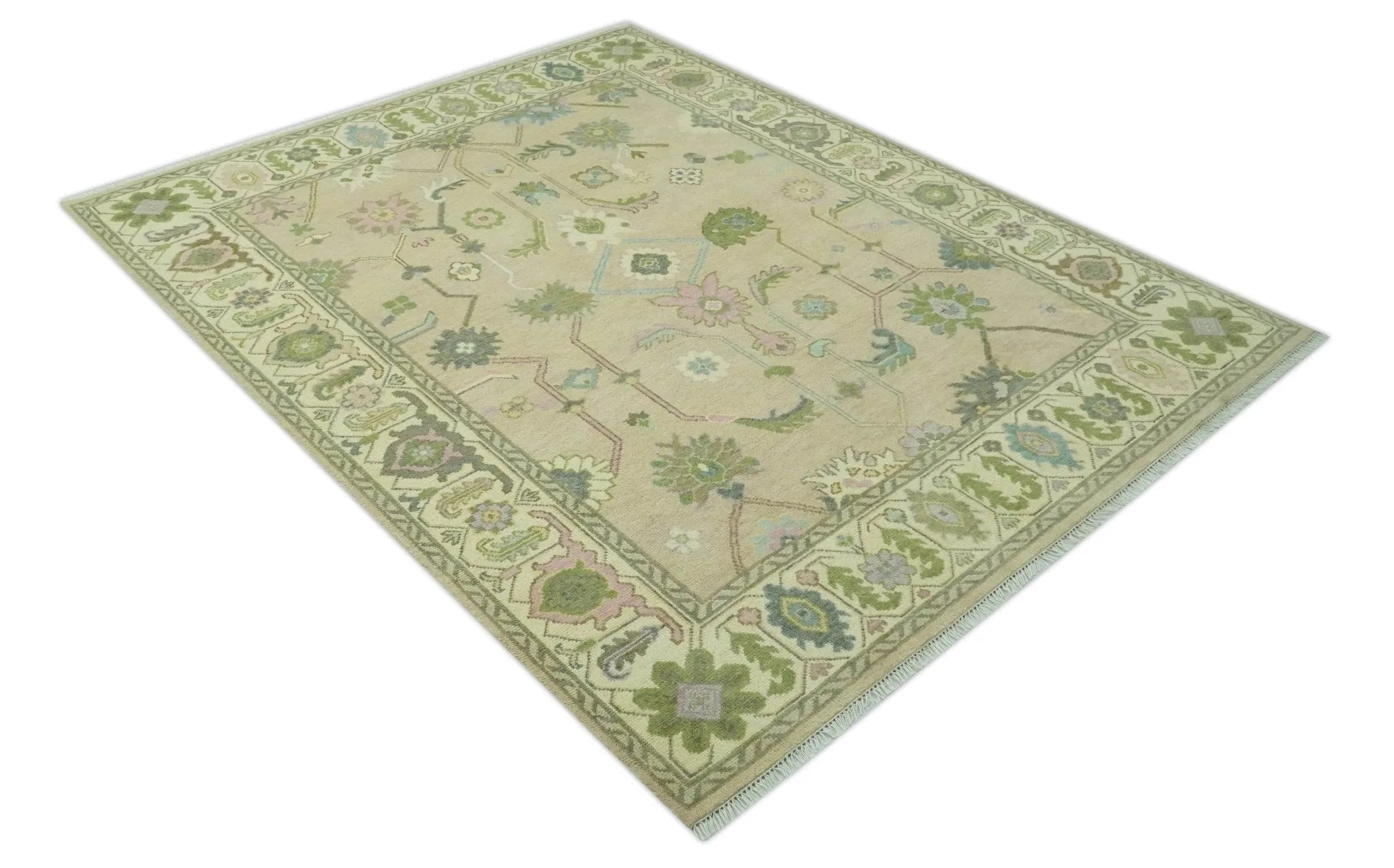 Custom Made Beige and Green Hand Knotted Traditional Oriental Oushak wool area rug