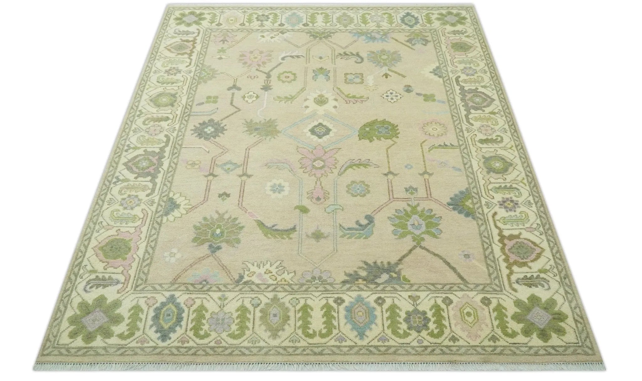 Custom Made Beige and Green Hand Knotted Traditional Oriental Oushak wool area rug