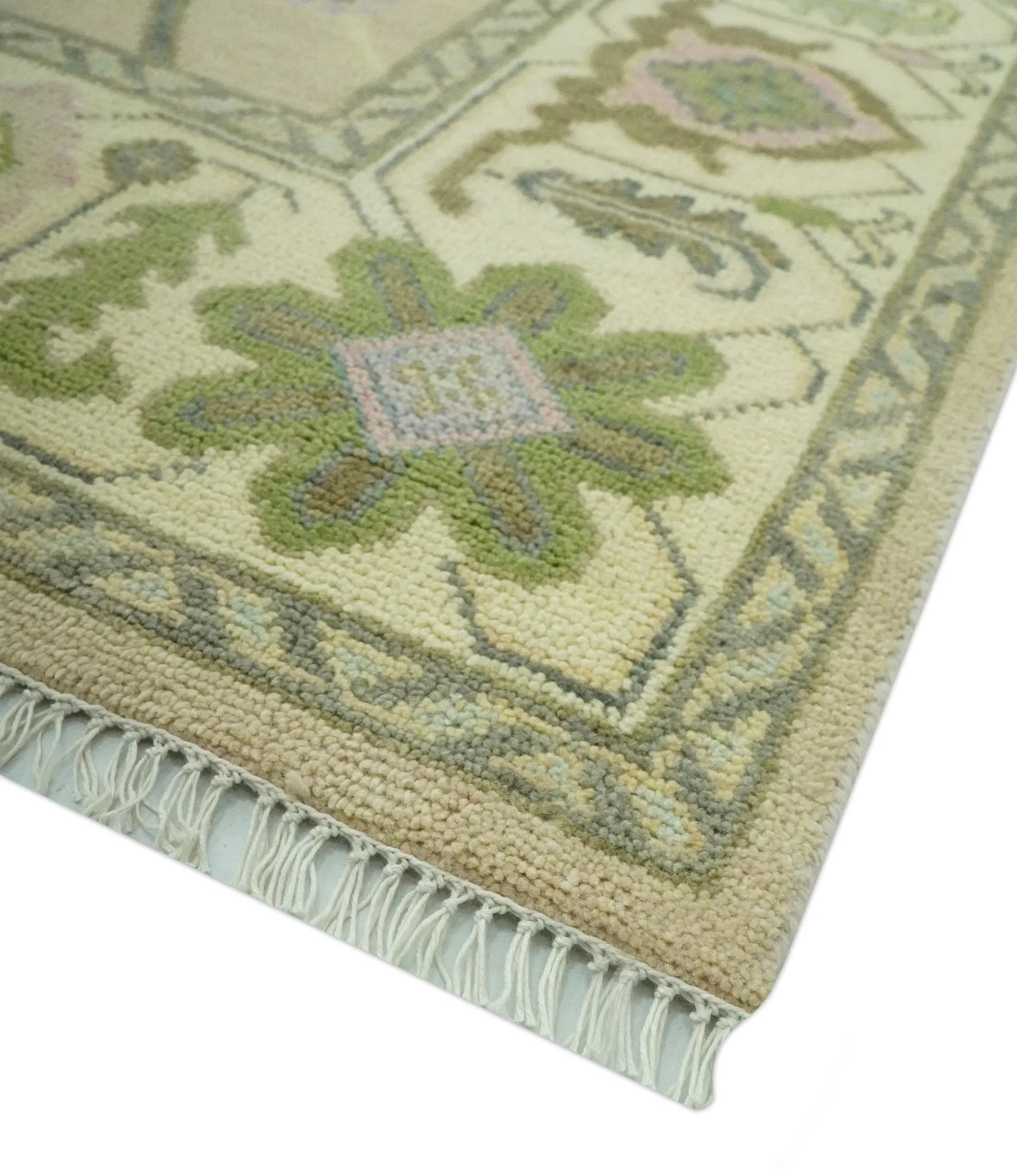 Custom Made Beige and Green Hand Knotted Traditional Oriental Oushak wool area rug