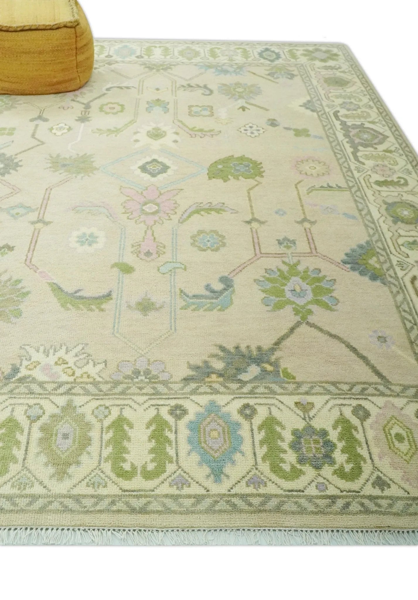 Custom Made Beige and Green Hand Knotted Traditional Oriental Oushak wool area rug