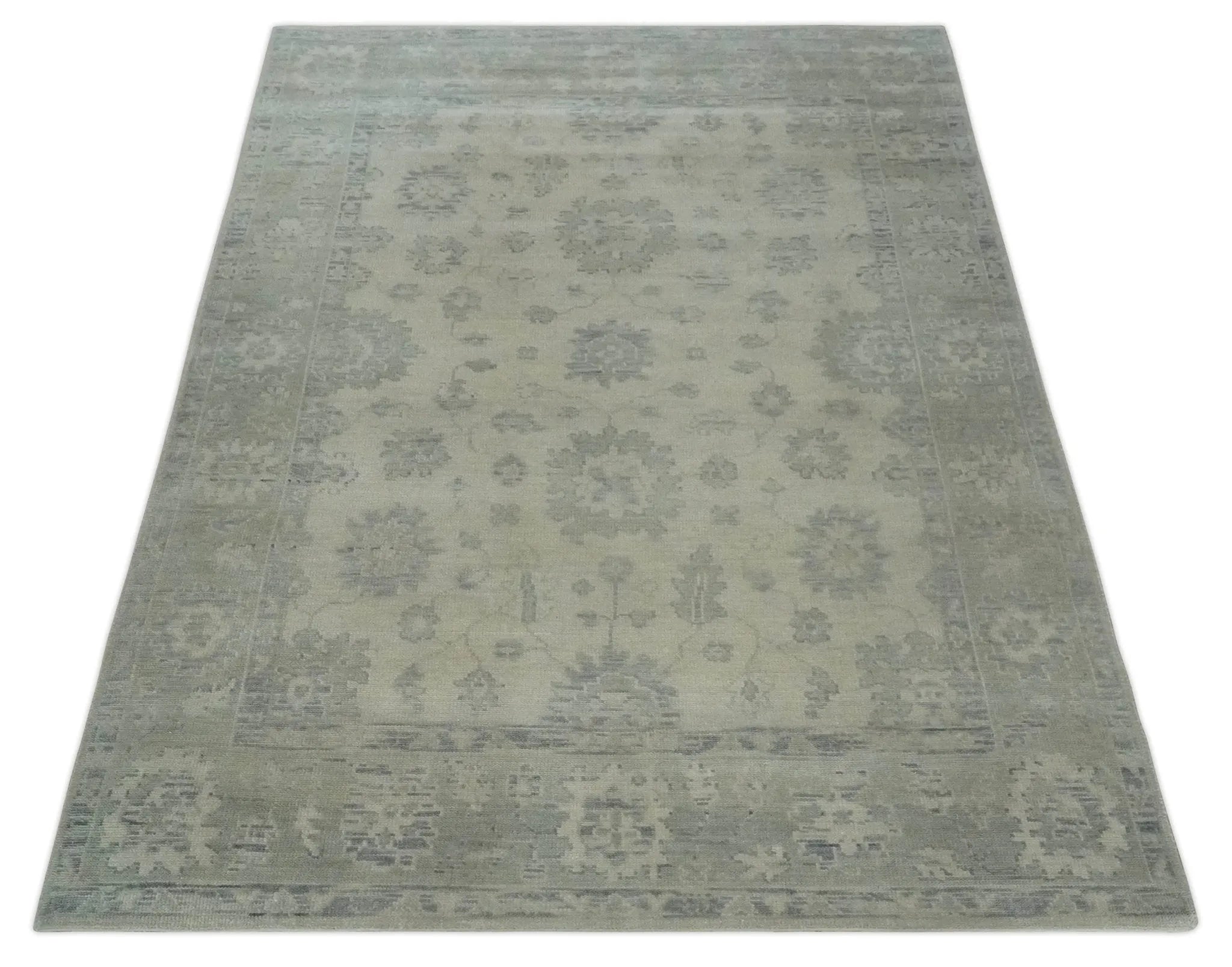 Custom Made Beige and Light Green Hand knotted Traditional Oushak Multi Size wool Area Rug