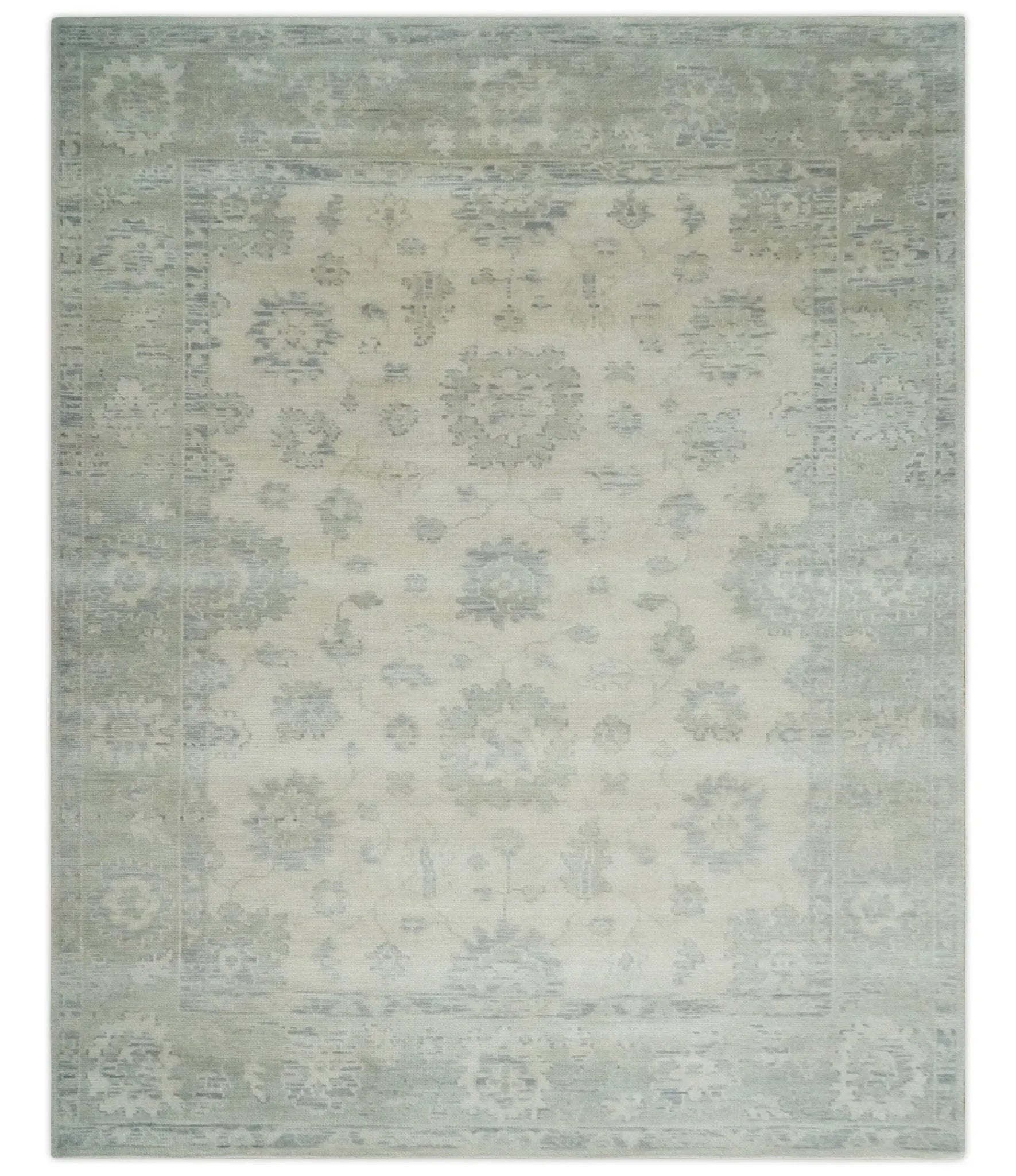 Custom Made Beige and Light Green Hand knotted Traditional Oushak Multi Size wool Area Rug