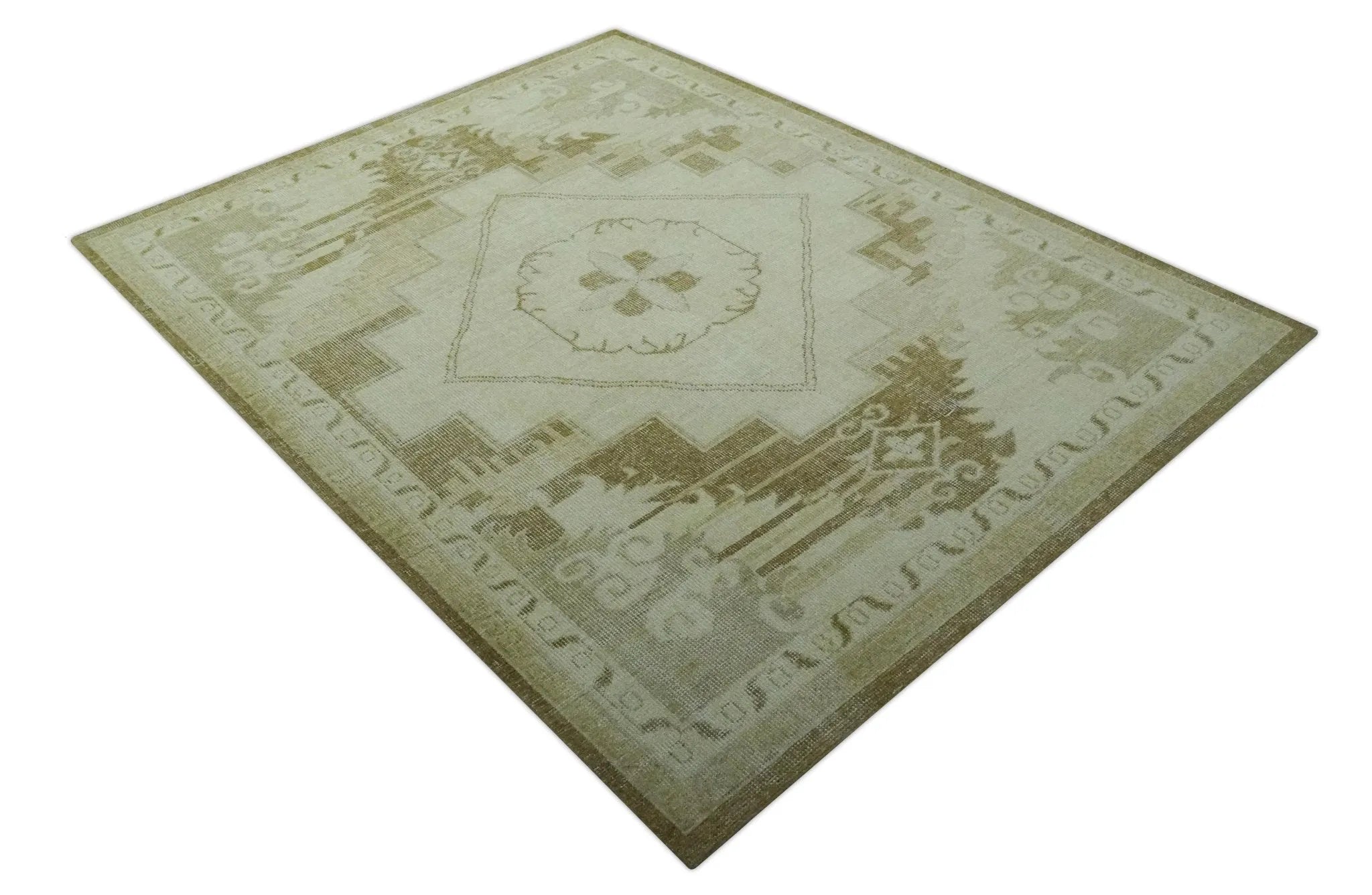 Custom Made Beige and Olive Hand Knotted Traditional wool area rug