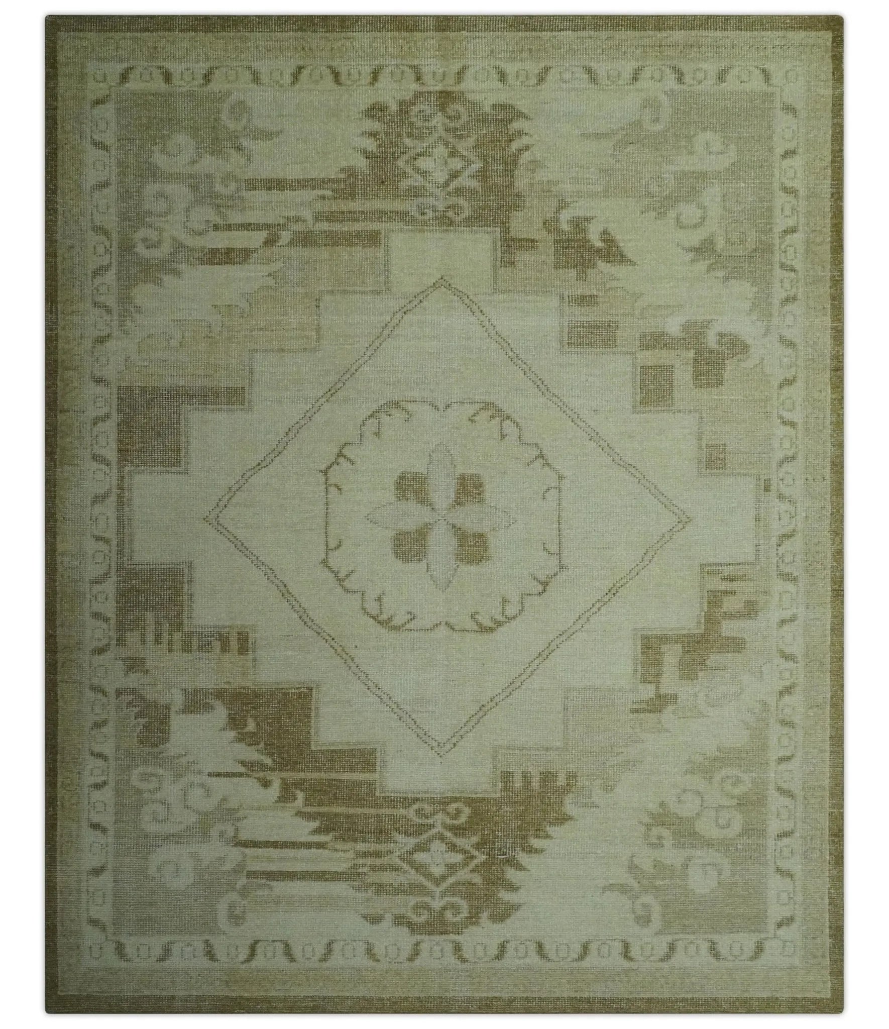 Custom Made Beige and Olive Hand Knotted Traditional wool area rug