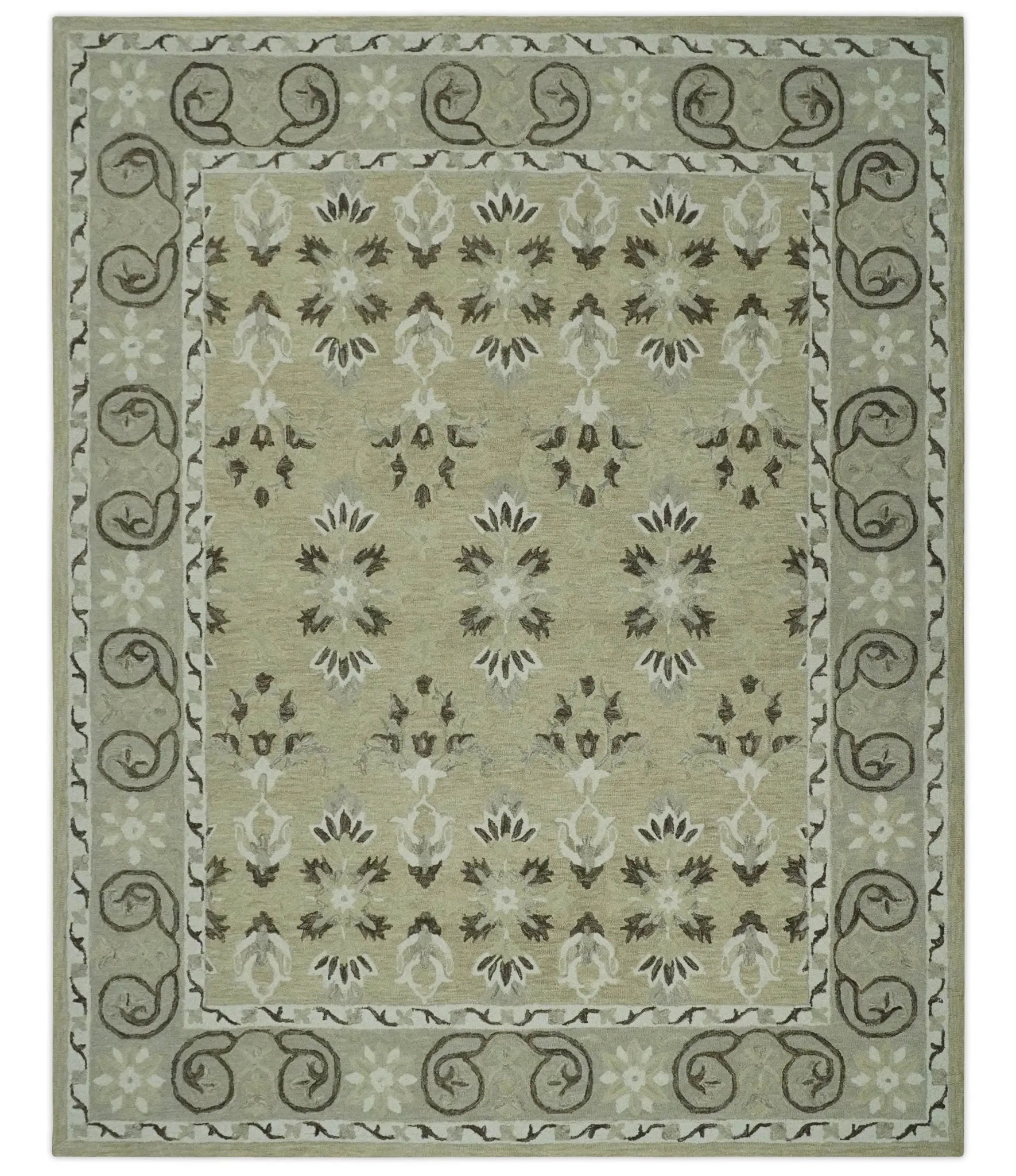 Custom Made Beige, Ivory and Charcoal Traditional Ikat design Hand Tufted wool Area Rug